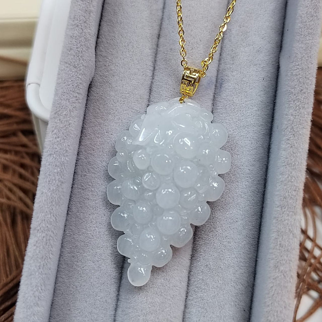 Certified Burmese Gemstone A-Grade White Icy Hand Carved Grape Shape Jadeite Pendant | 18k Solid Yellow Gold Buckle | Gifts For Her SL8020 - SL Precious