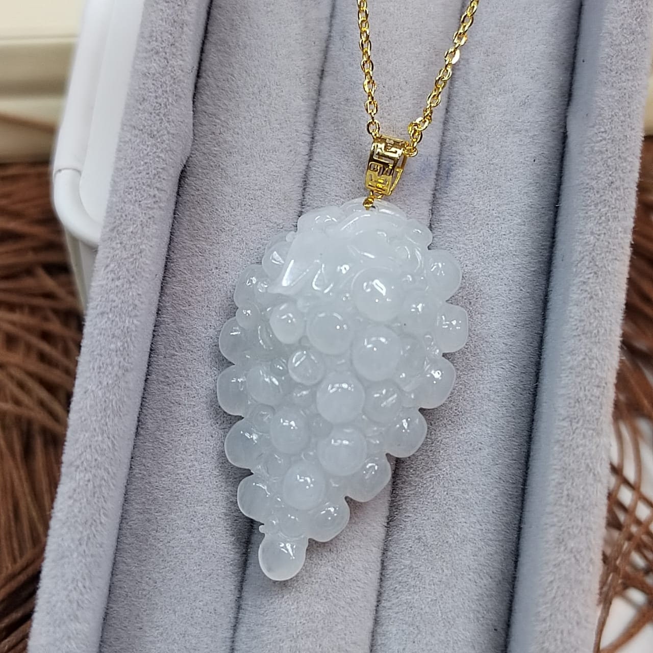 Certified Burmese Gemstone A-Grade White Icy Hand Carved Grape Shape Jadeite Pendant | 18k Solid Yellow Gold Buckle | Gifts For Her SL8020 - SL Precious