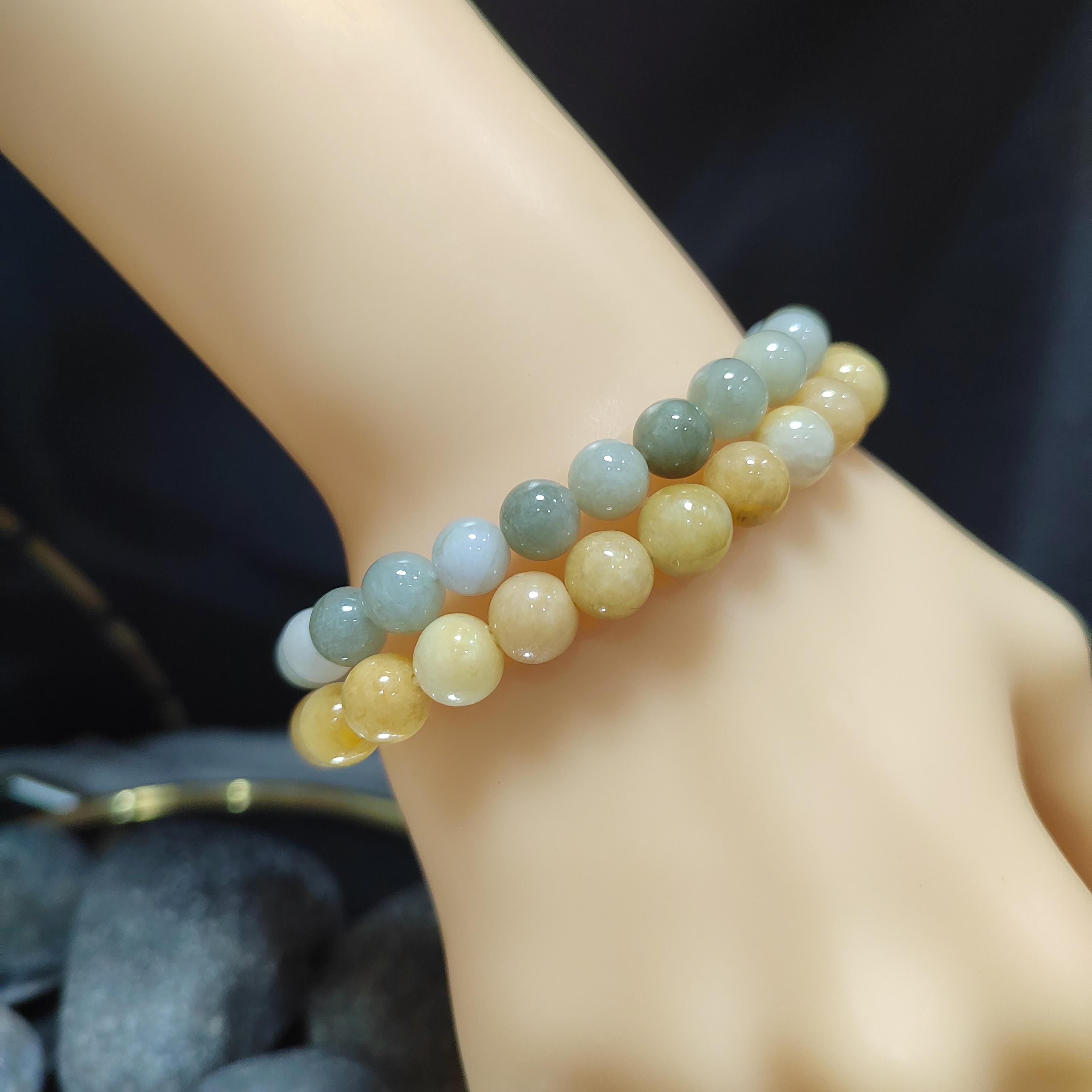 Certified Natural Untreated Burmese Yellow|Green|White Icy Bead Jadeite Bracelet 8mm SL364