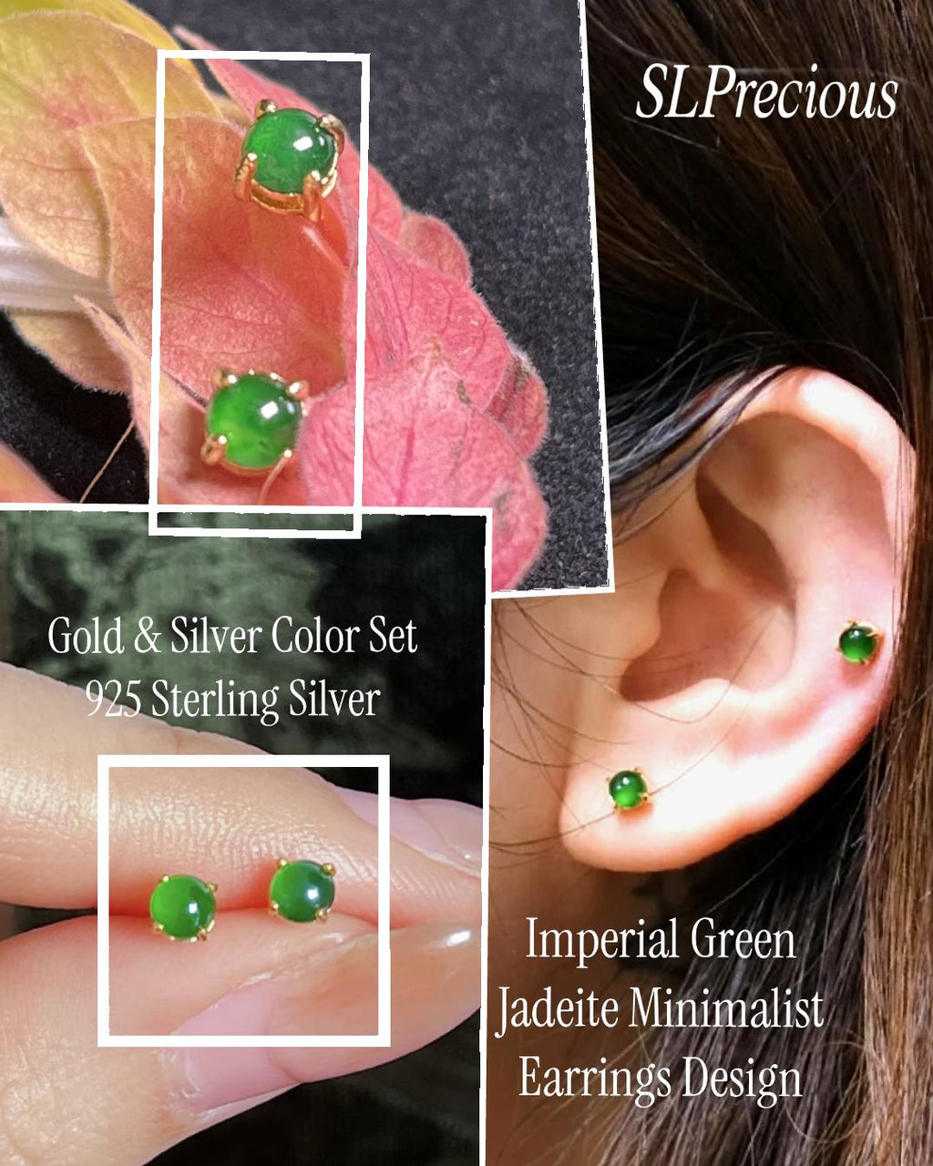 Certified Natural Untreated Burmese Minimalist Simple Stud Imperial Green Jadeite Earrings. S925 Sterling Silver Set SL259X18G SL259X18S - SL Precious