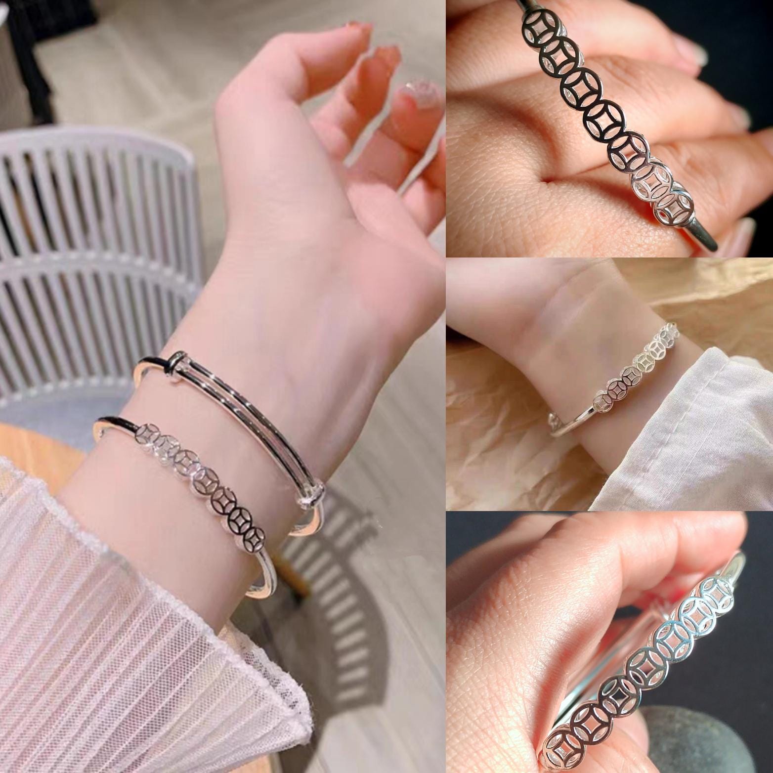 Luxury S9999 Silver Filled Vermeil Lucky Coins Adjustable Bangle | 足银招财铜钱手镯 | Best Friend Gift Jewelry SL342