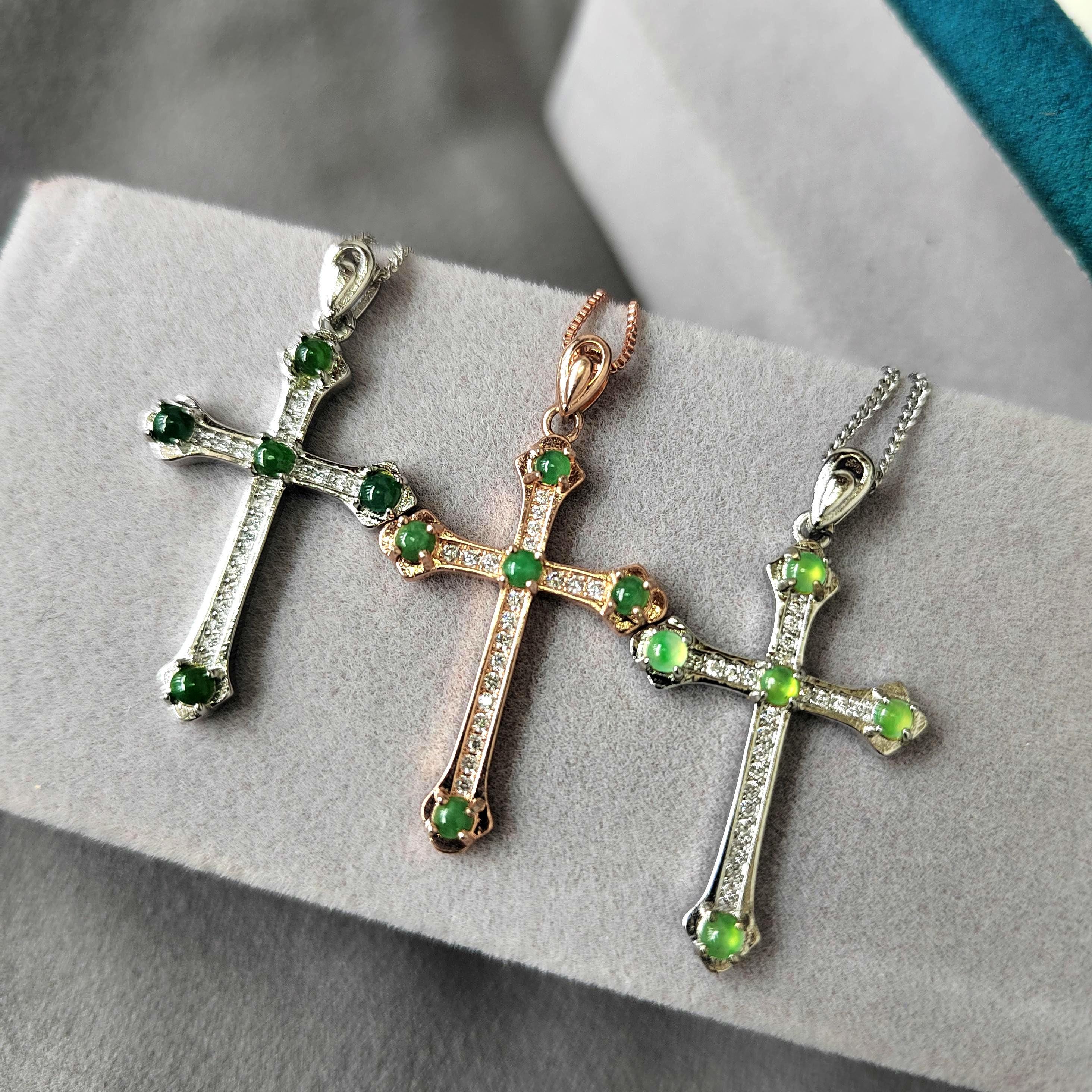 Natural Burmese Jadeite Apple Green, Imperial Green & Bright Green 925 18k White/Rose Gold Christian Cross Pendant/Chain Jewelry SL030 - SL Precious