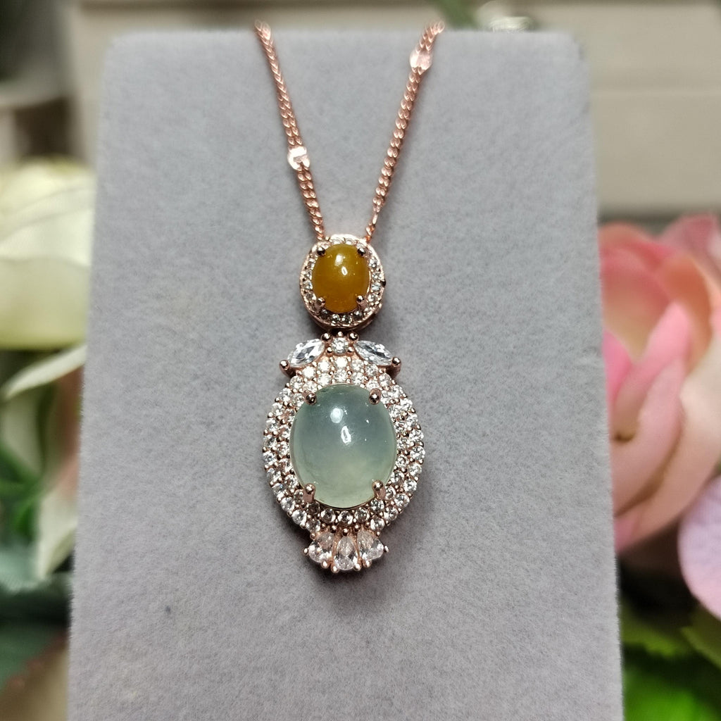 A Grade Women Natural Gemstone Untreated Burmese Yellow & Icy White Jadeite Pendant 925 Sterling Silver with 18k Rose Gold Plated SL094