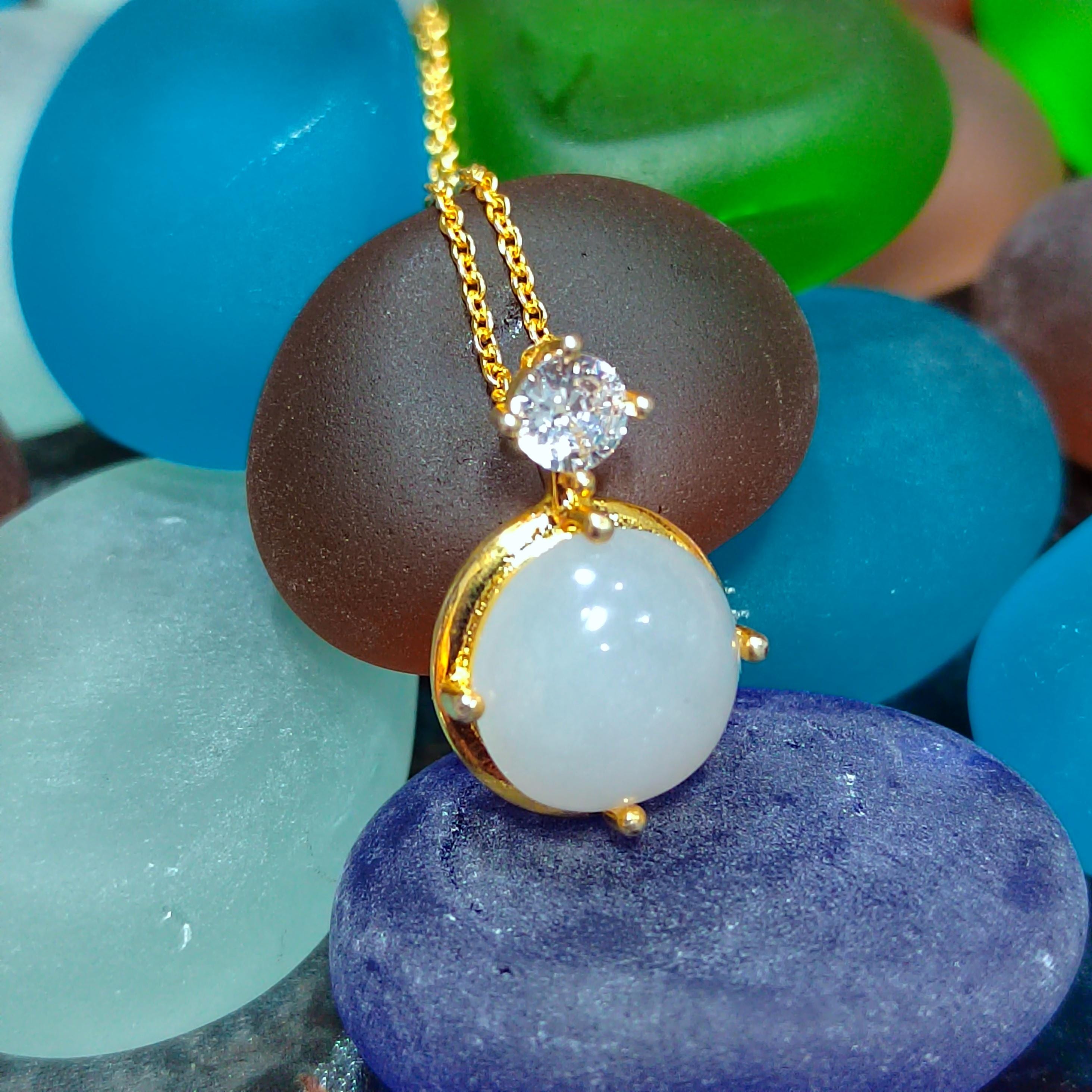 Certified Minimalist Pendant Elegant A-Grade Natural Untreated White Round Jadeite with Zirconia 18K Yellow Gold  Gift for Mom, Wife SL042 - SL Precious