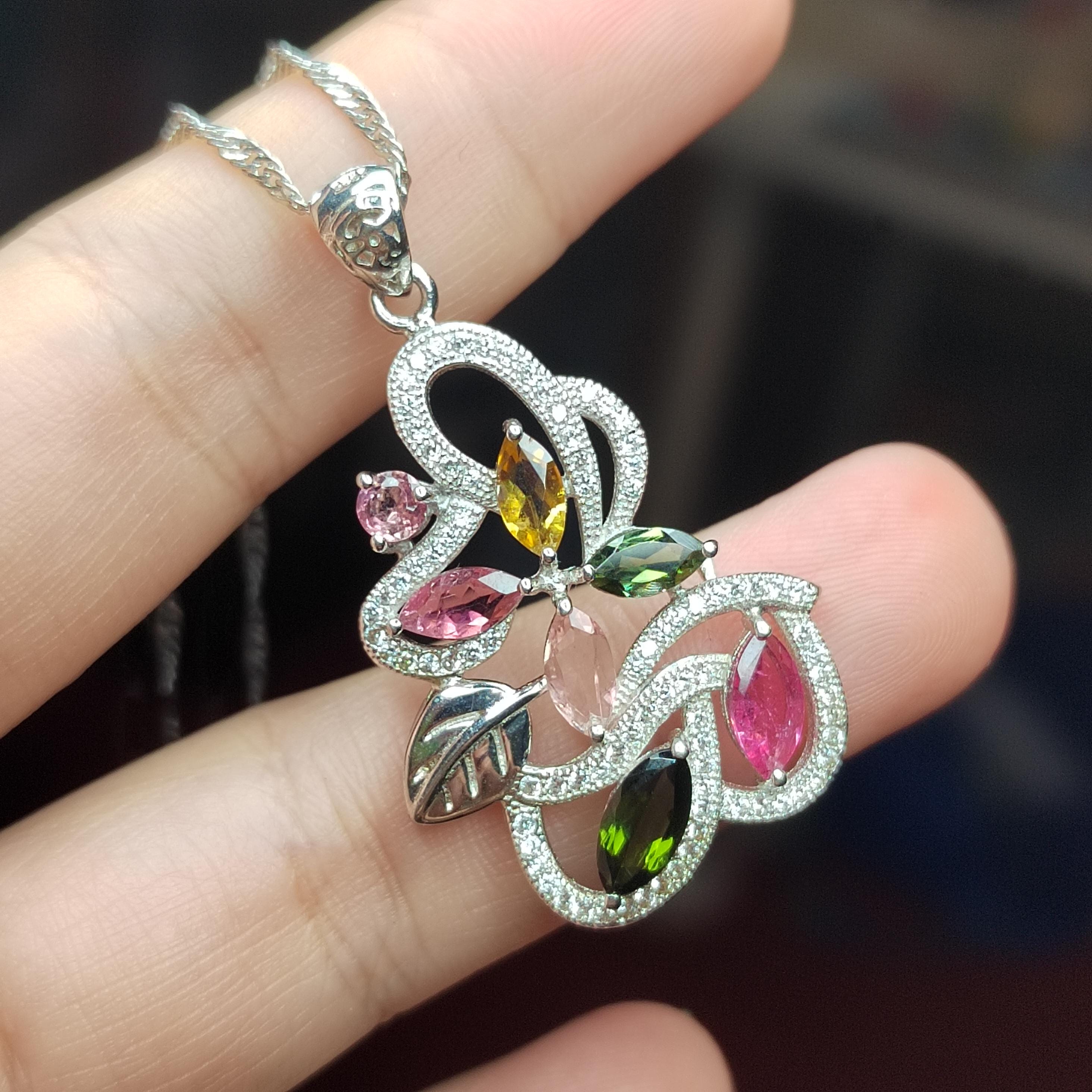 Colorful Untreated Natural Tourmaline Pendant Beautiful Flowers with Zirconia Setting SL071 - SL Precious