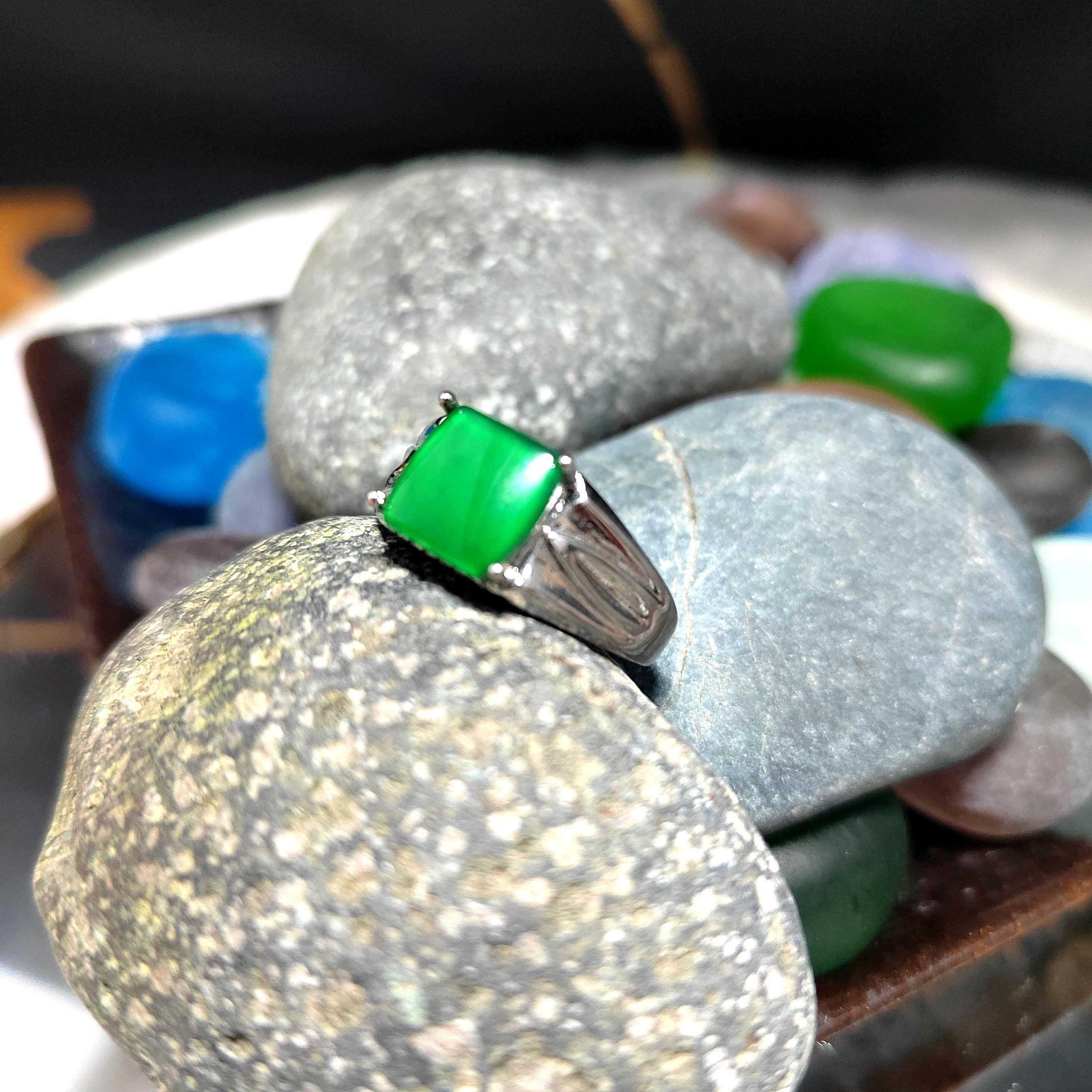 Certified Natural Untreated Burmese Icy Clean Imperial Vivid Green Men Jadeite Ring S925 Sterling Silver SL371