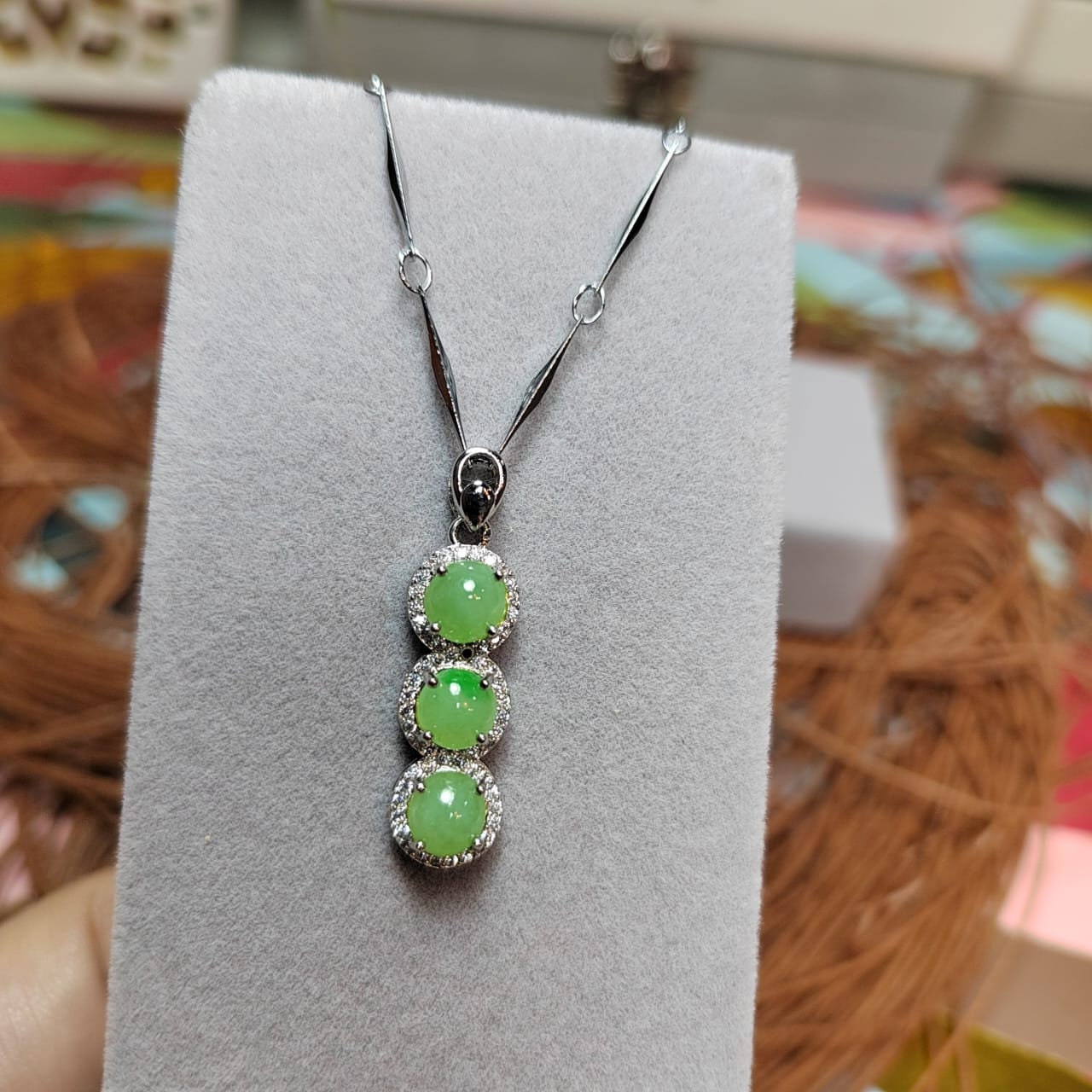 Burmese Jadeite Pendant on 925 Silver Chain - Glowing Trinity Design with Zirconia Accent SL038