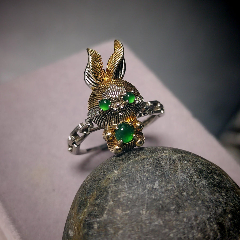 Certified Natural Untreated Imperial Green Rabbits S925 Sterling Silver Jadeite Ring With Zircon Setting SL242X1 - SL Precious