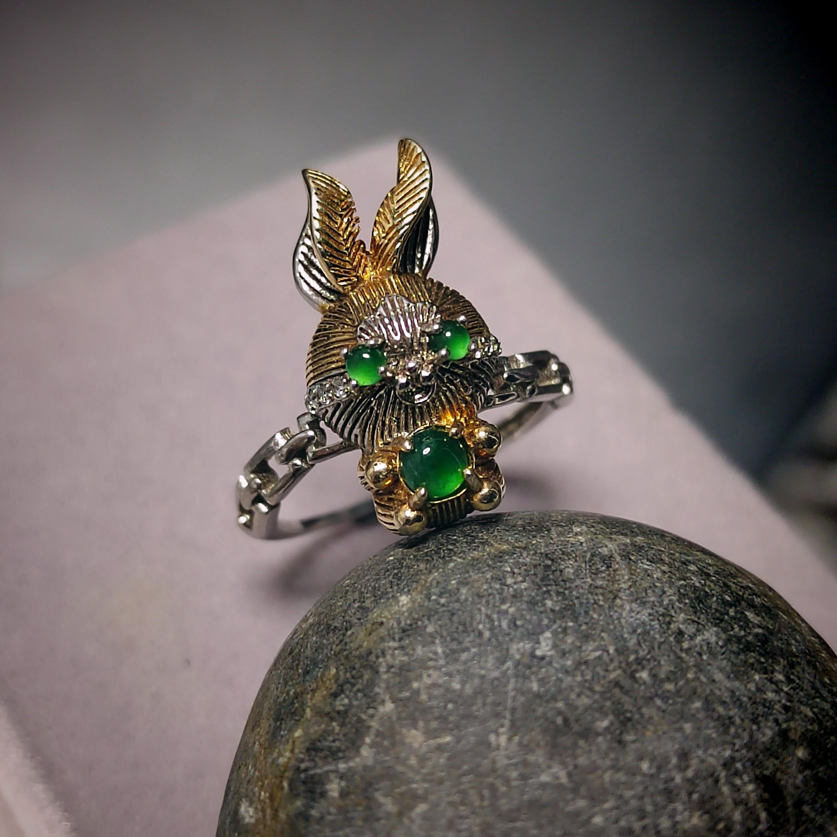 Certified Natural Untreated Imperial Green Rabbits S925 Sterling Silver Jadeite Ring With Zircon Setting SL242X1 - SL Precious