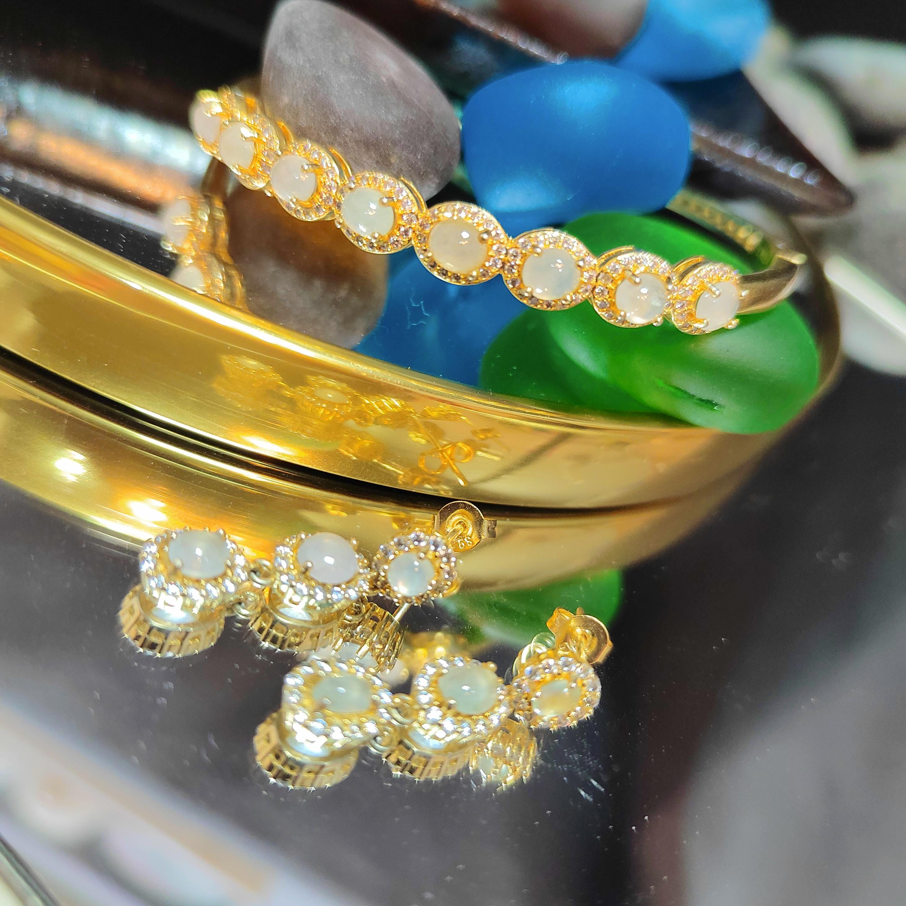 Natural Luxury Burmese Icy Light Jadeite Earrings & Bangle Set | 18K Gold Plated SL064 - SL Precious
