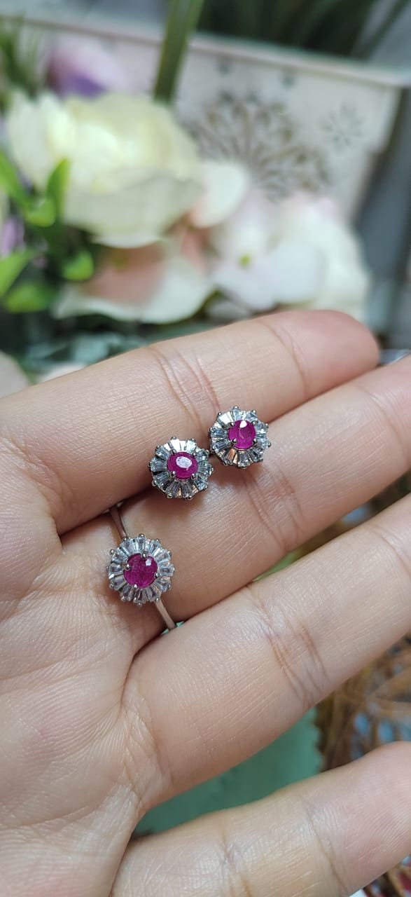 Untreated Natural Mogok Burmese Ruby with Zirconia Accent S925 Silver Earring & Ring Set SL055