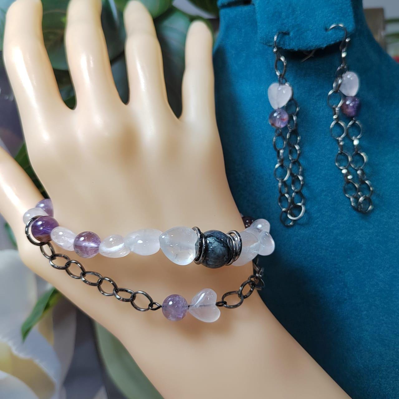 Handmade Trendy Design Rose Pink Quartz, Auralite 23 Amethyst and Wuji Jadeite Bracelet & Earring Set SL015 - SL Precious