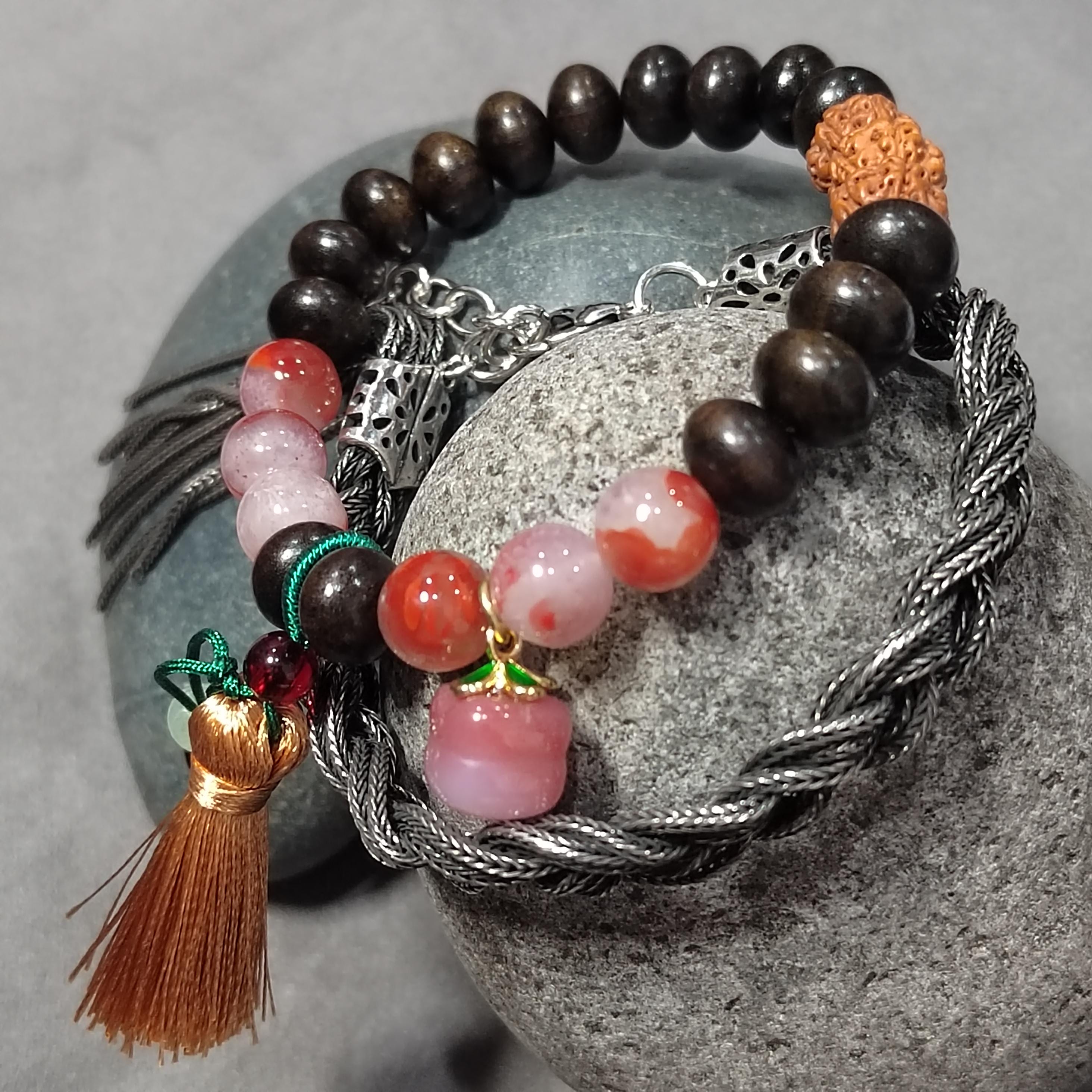 Certified Natural South Red Agate & Ebony Wood Twin Bracelet Set | Bodhi Seed Accents | 沉贵宝| 999 Silver Filled Vermeil SL392