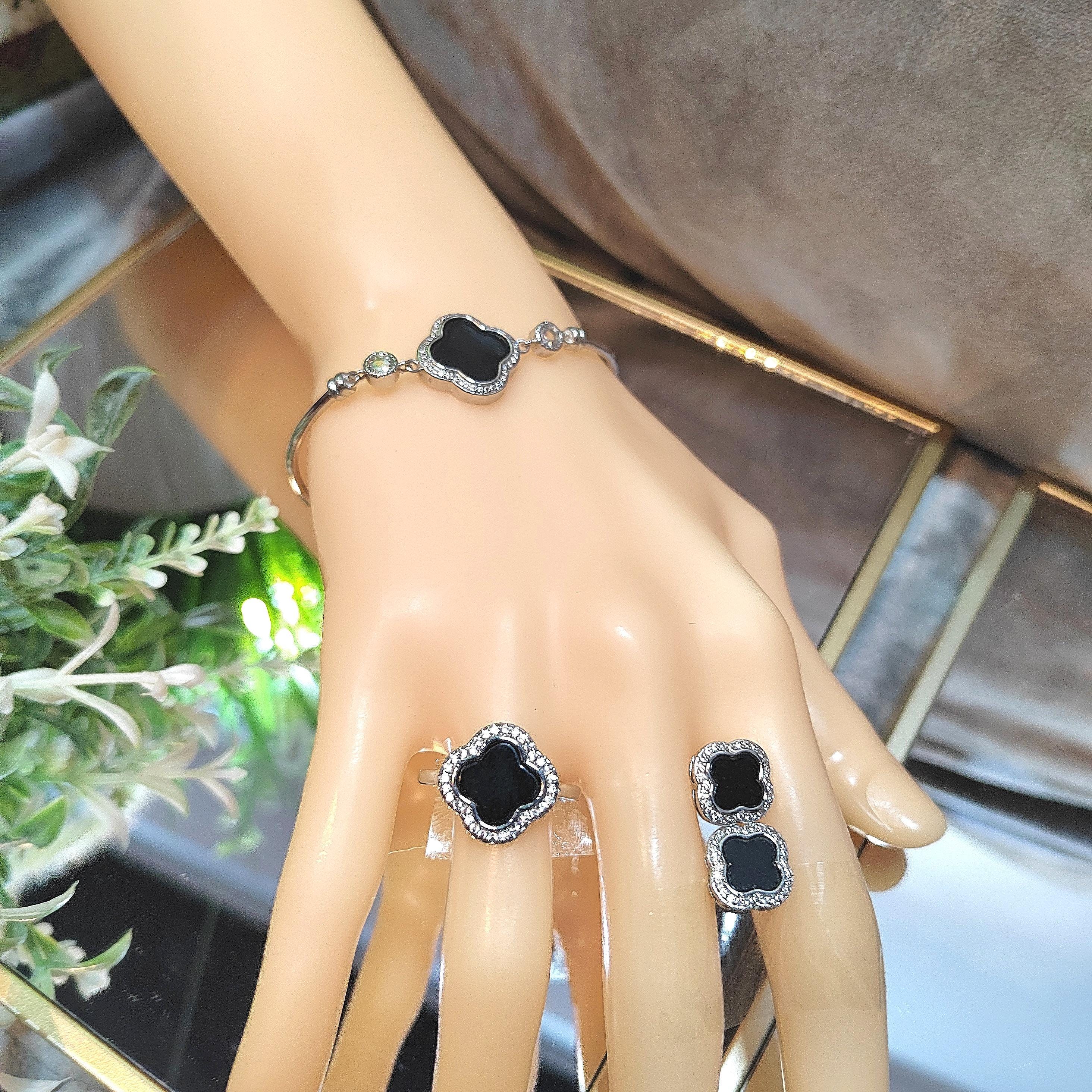 Burmese 3pcs Set Natural Gemstone Untreated Black Ink Jadeite Lucky Flower Ring, Earring, Bracelets/Bangle (2 Designs Available) SL160 SL161
