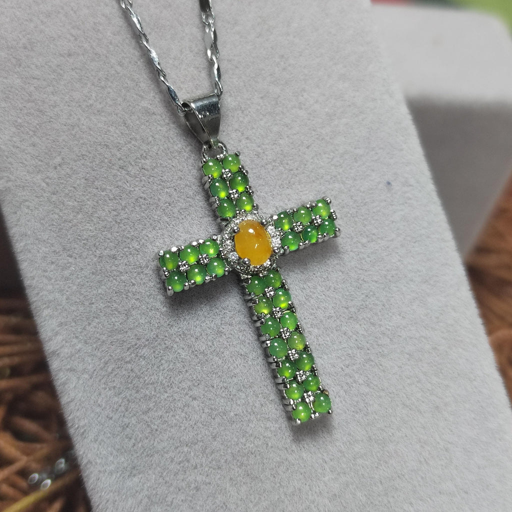 Certified Beautiful Gemstone A Grade Burmese Natural Apple Green/Yellow Jadeite Cross 925 Untreated Christian Cross Jewelry Gifts SL058 - SL Precious