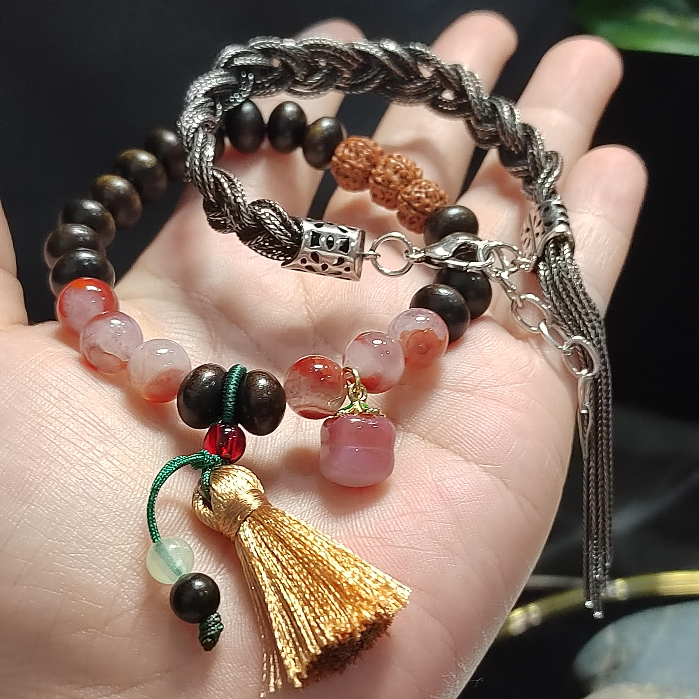Certified Natural South Red Agate & Ebony Wood Twin Bracelet Set | Bodhi Seed Accents | 沉贵宝| 999 Silver Filled Vermeil SL392
