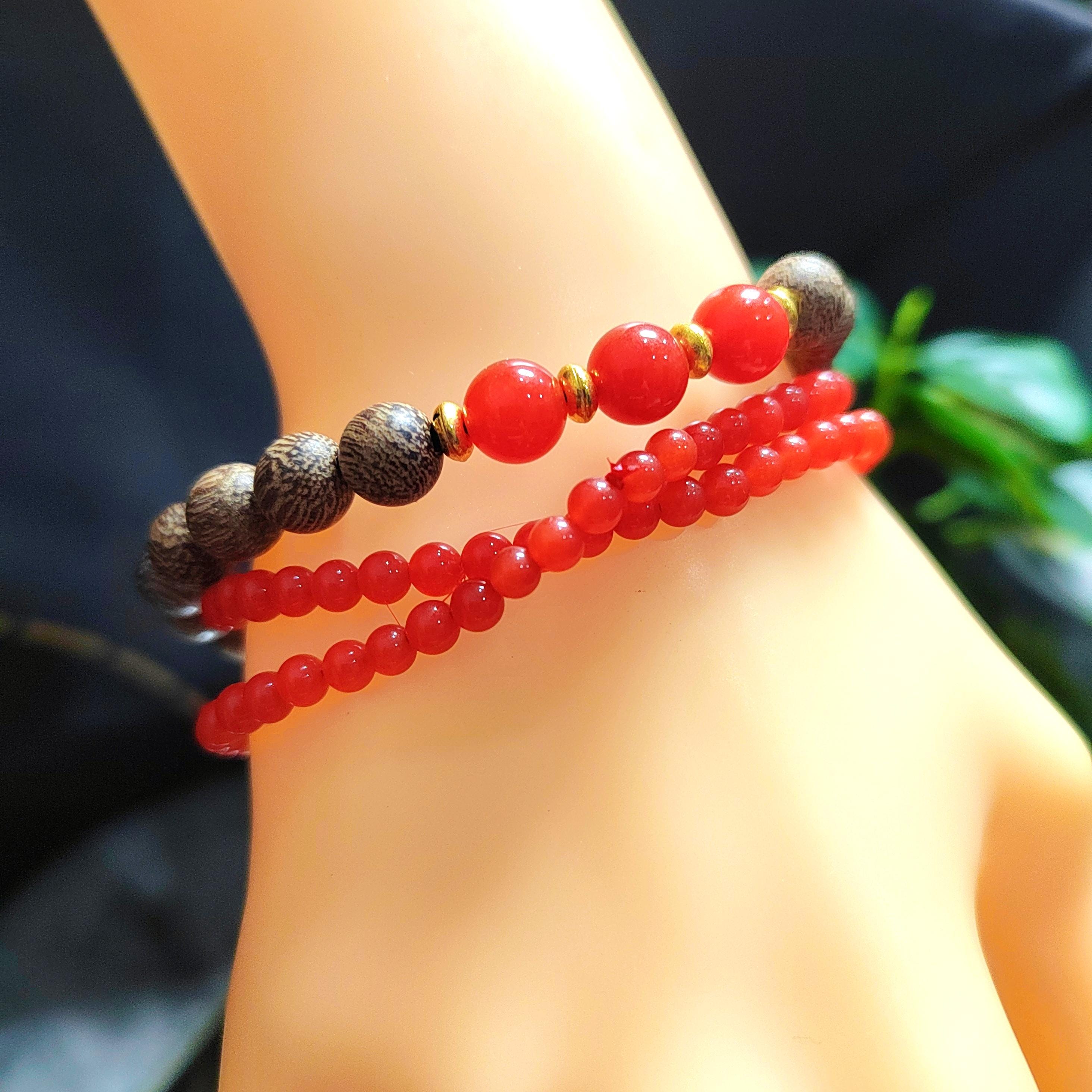 Natural Yunna Baoshan Persimmon Icy Red Nanhong Agate| Natural Agarwood Bead Bracelet 2pcs Set Stacked Design SL393
