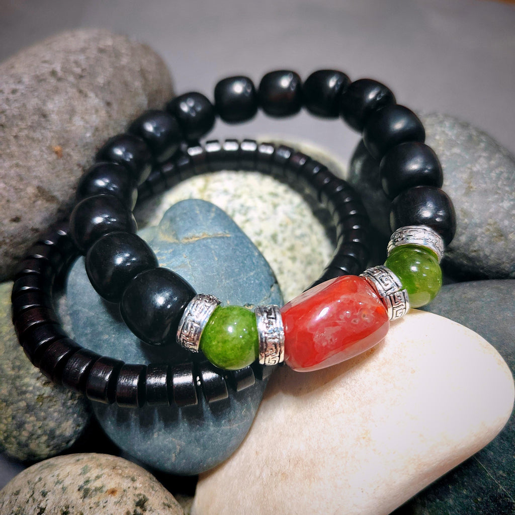 Handmade Ebony Wood Bead Bracelet Set |Unisex Jewelry with Silver and Natural Nanhong Tourmaline| Turquoise Accents SL388