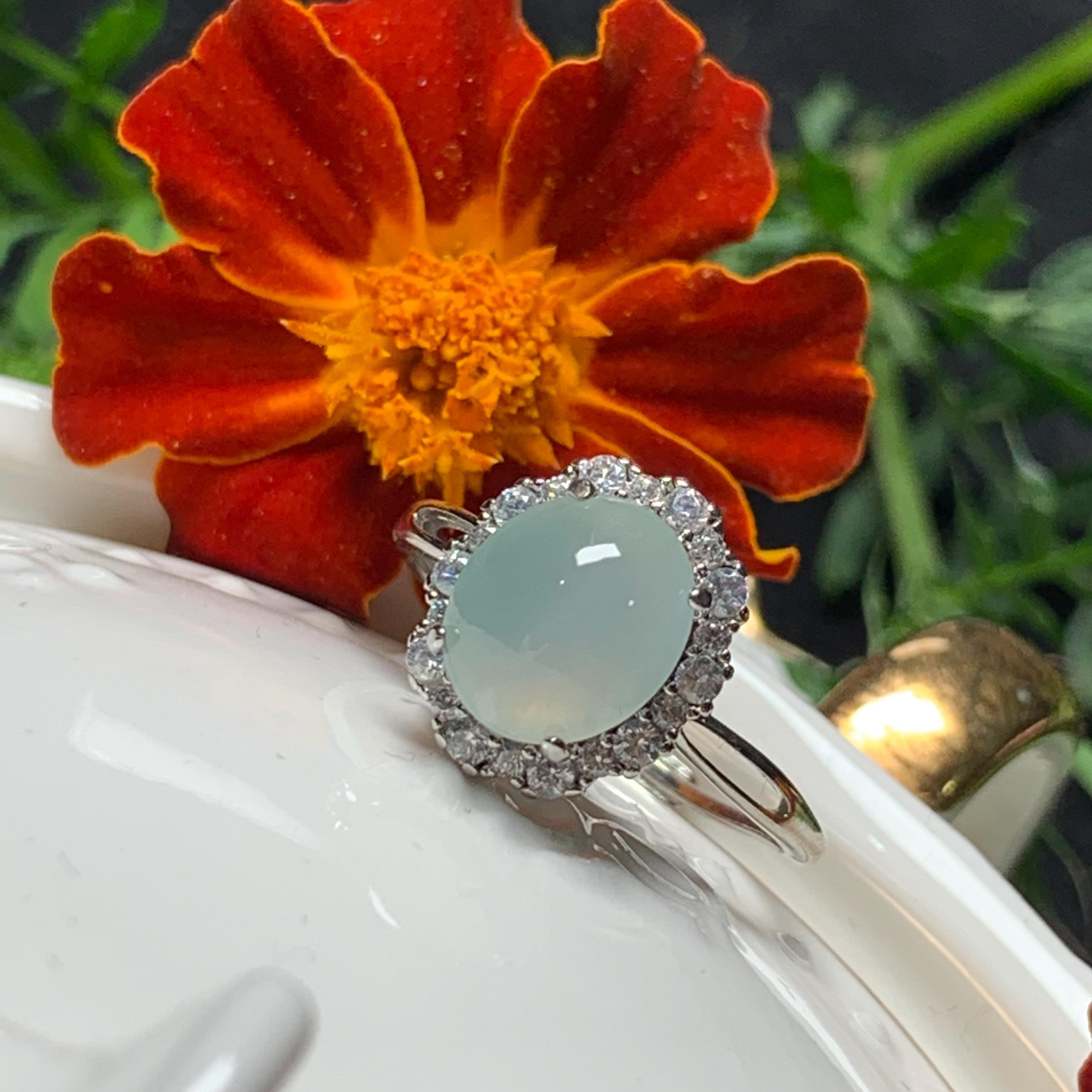 Certified Elegant Natural Untreated Burmese White Icy Jadeite Zircon Set S925 Sterling Silver Ring Engagement, Wedding, Any Occasion SL249X8