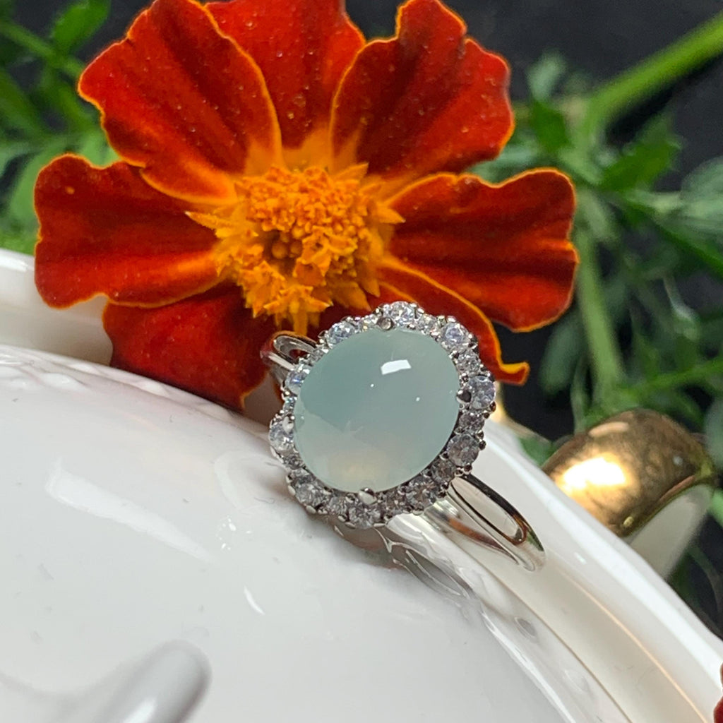 Certified Elegant Natural Untreated Burmese White Icy Jadeite Zircon Set S925 Sterling Silver Ring Engagement, Wedding, Any Occasion SL249X8 - SL Precious