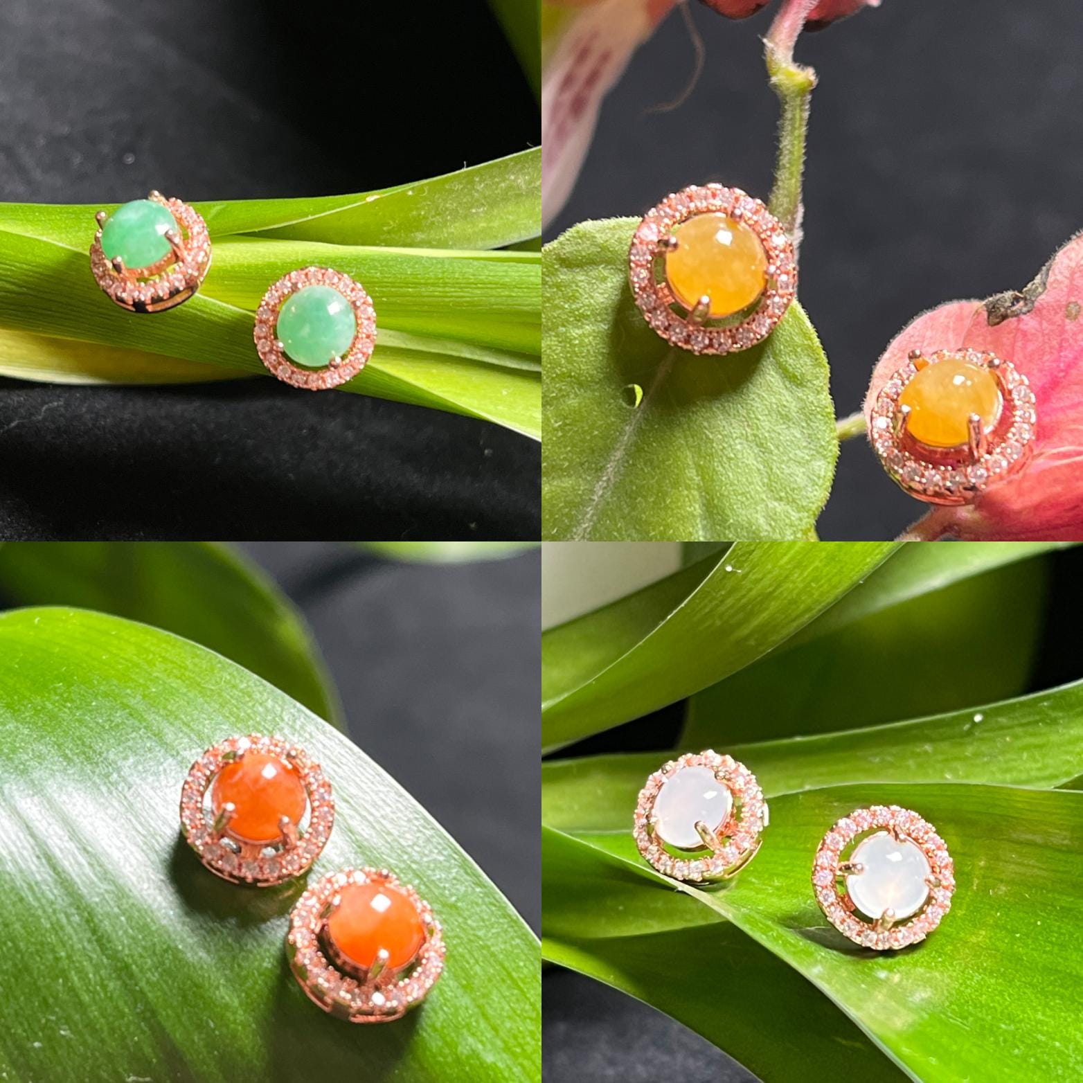 Certified Burmese A-Grade 4 Colors Icy White| Yellow| Apple Green| Red Jadeite Earrings 18k Rose Gold Plated on S925 Sterling Silver SL348 - SL Precious