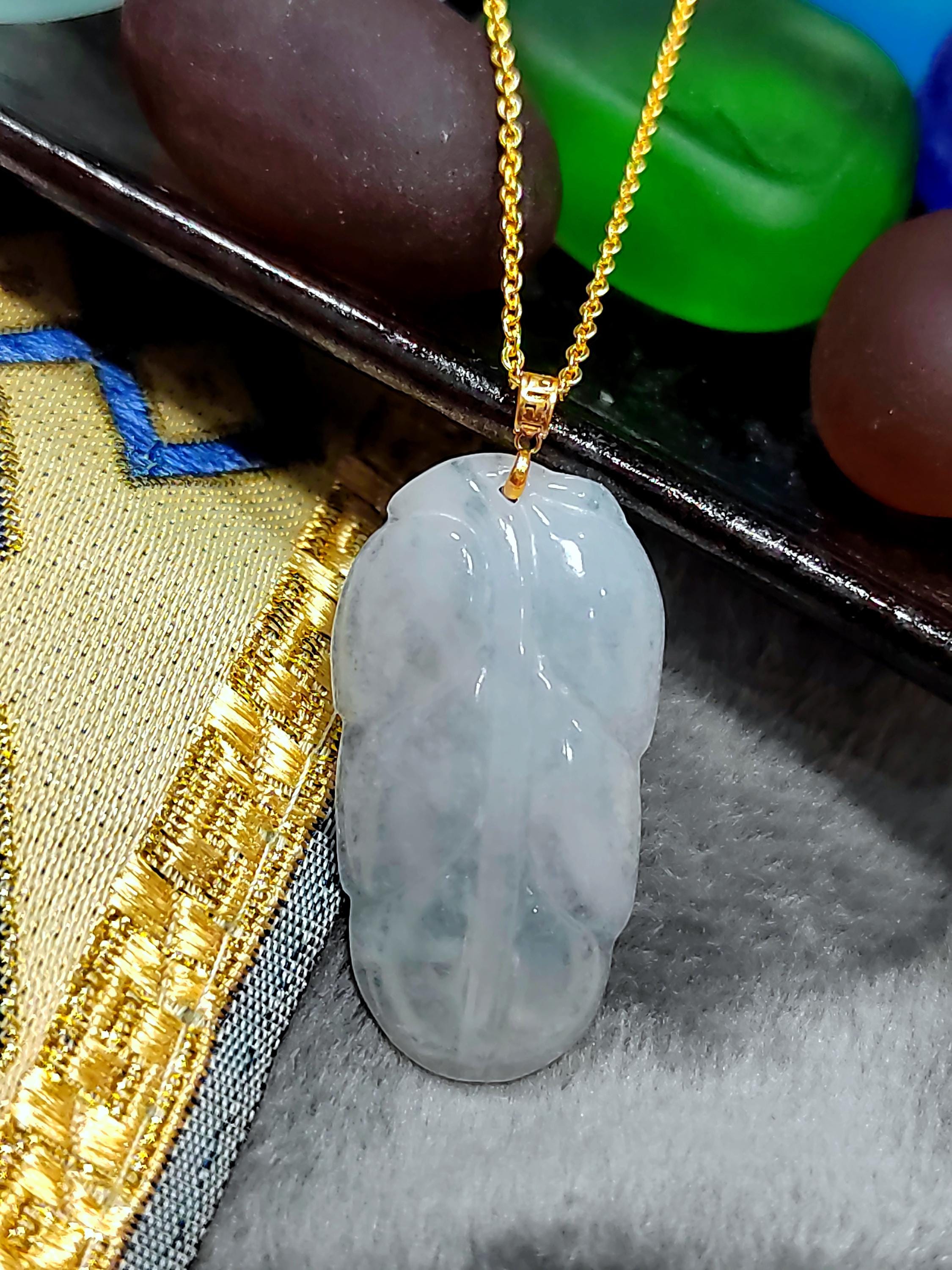 Certified Burmese A-Grade Icy Snow|雪花棉 Leaf Cloud Beautiful Jadeite Pendant 18k Solid Yellow Gold Best Gift For Her, Mom, Wife SL802 - SL Precious