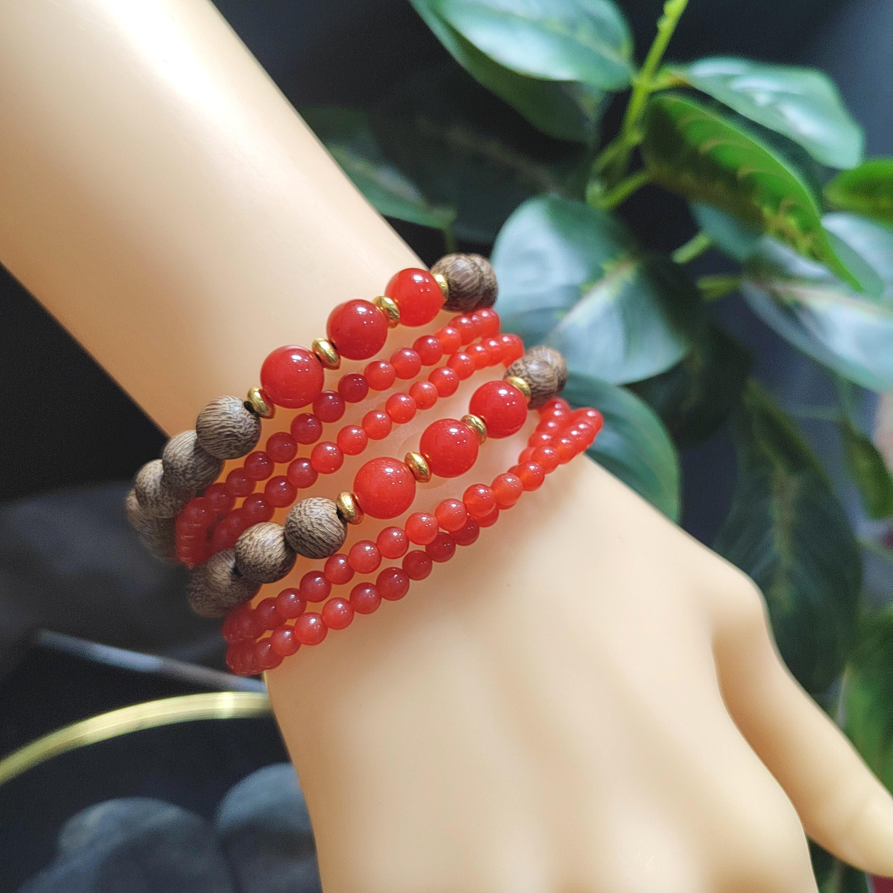 Natural Yunna Baoshan Persimmon Icy Red Nanhong Agate| Natural Agarwood Bead Bracelet 2pcs Set Stacked Design SL393