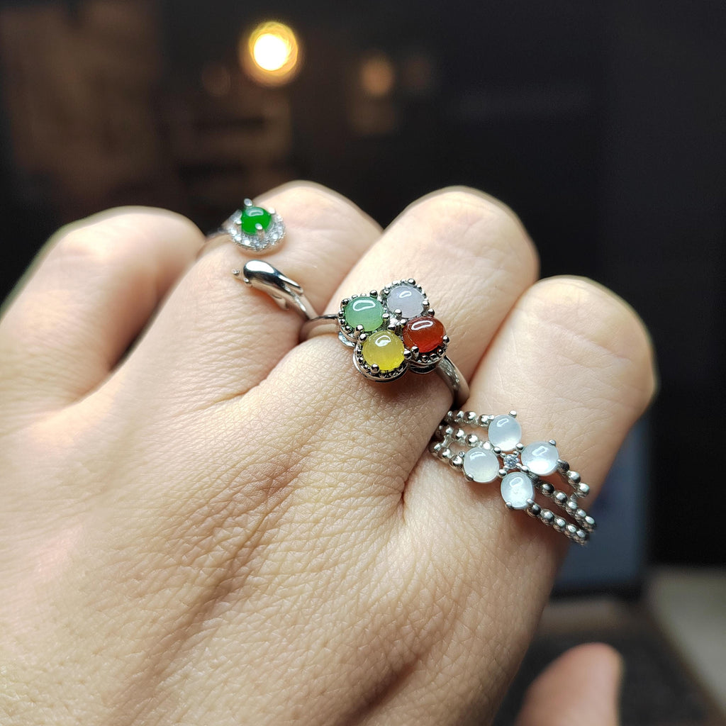 3pcs Set Natural Burmese Jadeite Rings | Four-Color Lucky Flower, Dolphin Green Jade, White Flower Design | Adjustable S925 Silver SL409