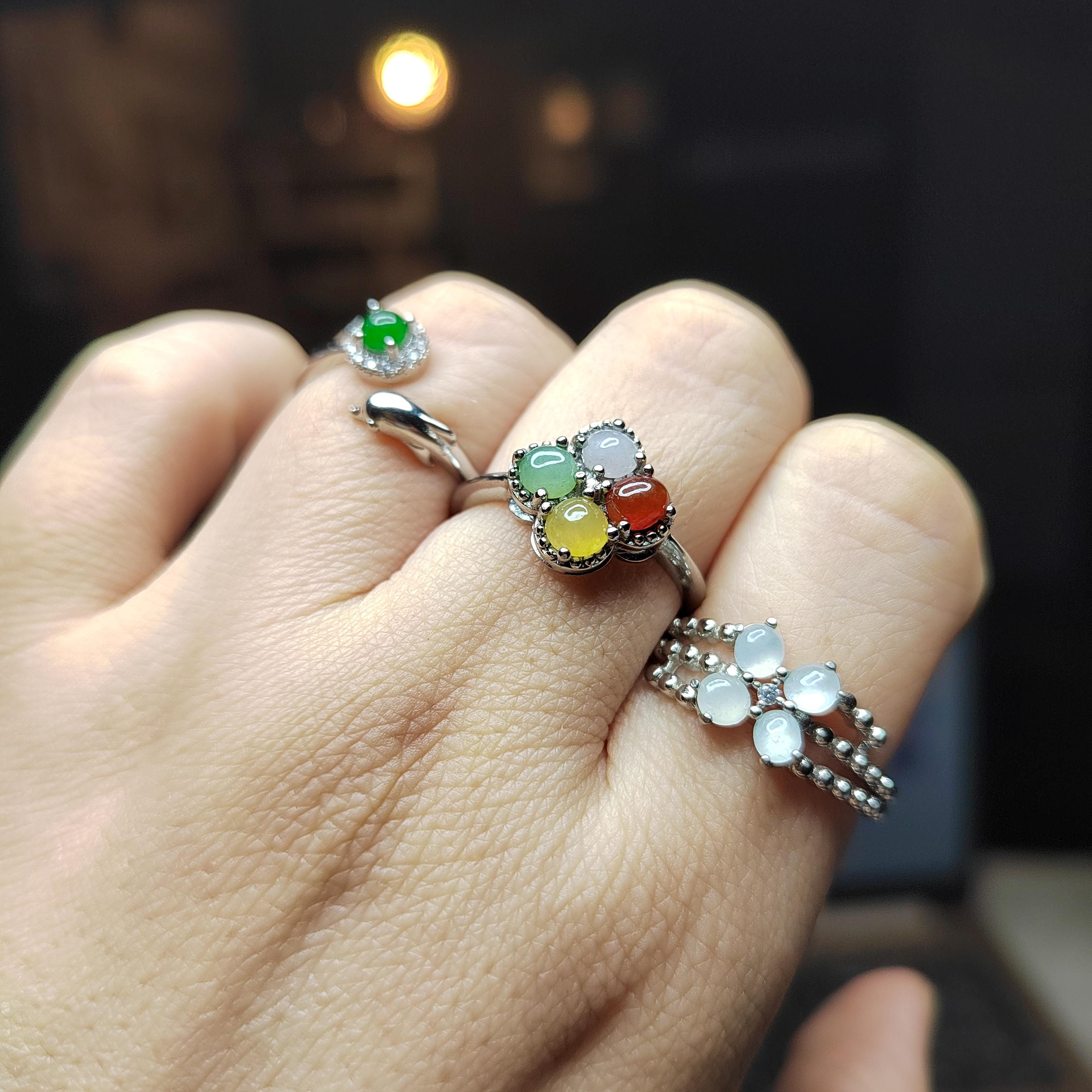 3pcs Set Natural Burmese Jadeite Rings | Four-Color Lucky Flower, Dolphin Green Jade, White Flower Design | Adjustable S925 Silver SL409