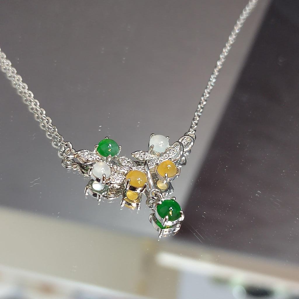 3 Colors Women Burmese Icy White, Yellow, Imperial Green Jadeite Necklace with Zircon Accent 925 Silver Plated with 18K White Gold SL082