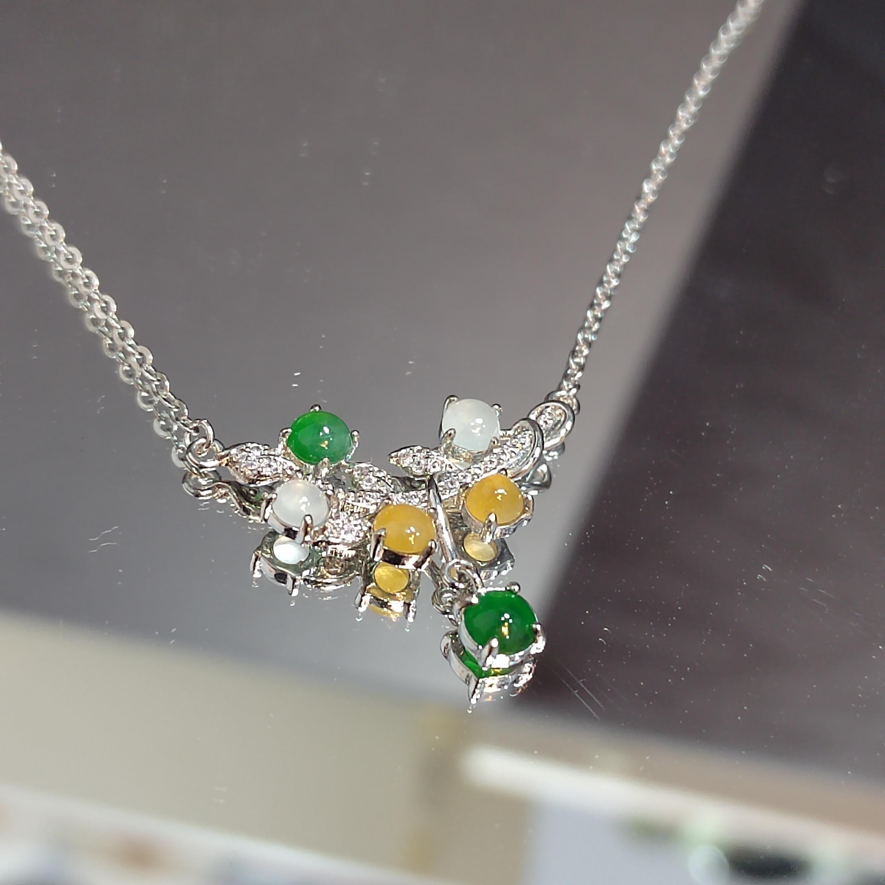 3 Colors Women Burmese Icy White, Yellow, Imperial Green Jadeite Necklace with Zircon Accent 925 Silver Plated with 18K White Gold SL082
