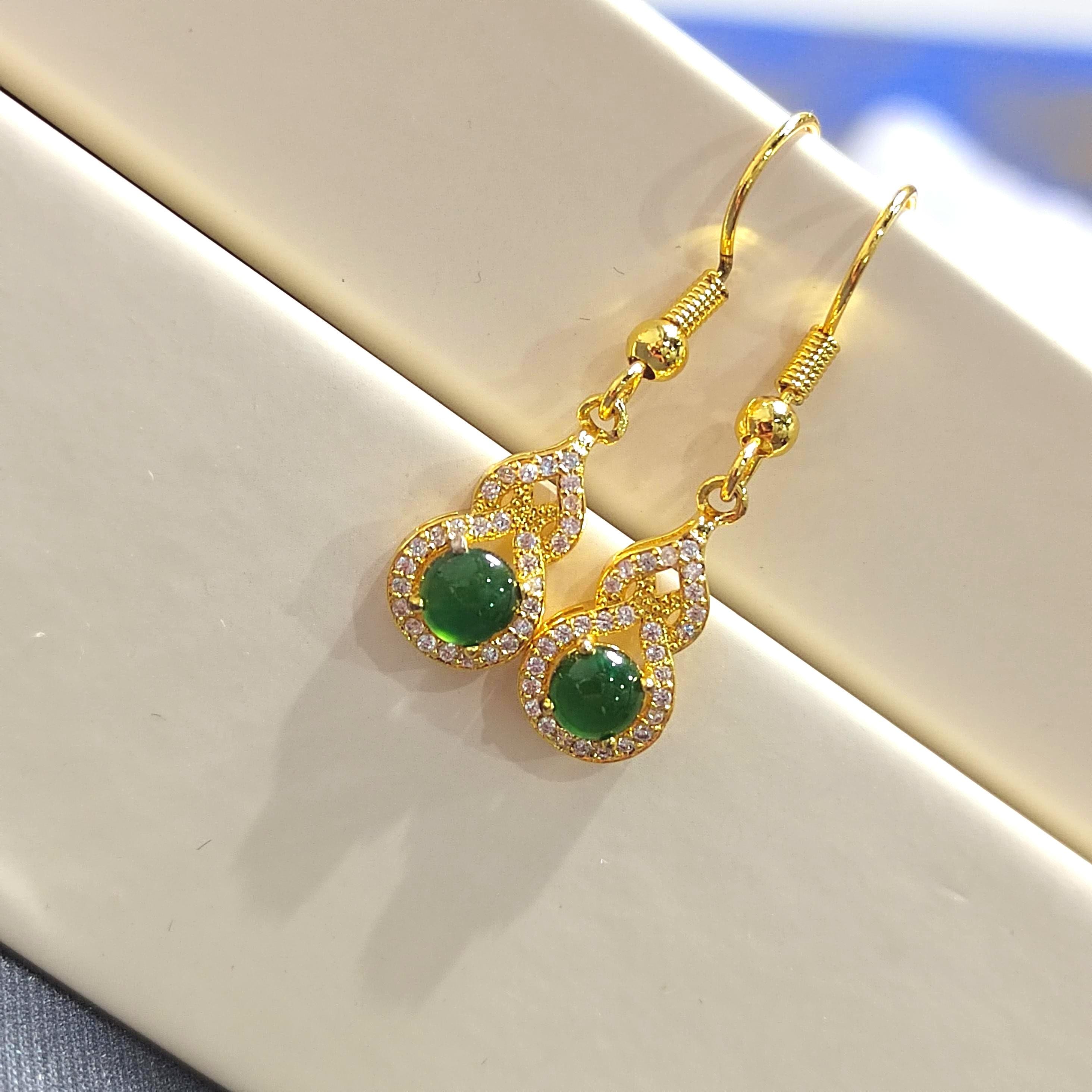 Natural Guatemala Imperial Green Hulu Jadeite Earrings | Zirconia Accents | 925 Sterling Silver Plated with Yellow Gold Earring SL052 - SL Precious