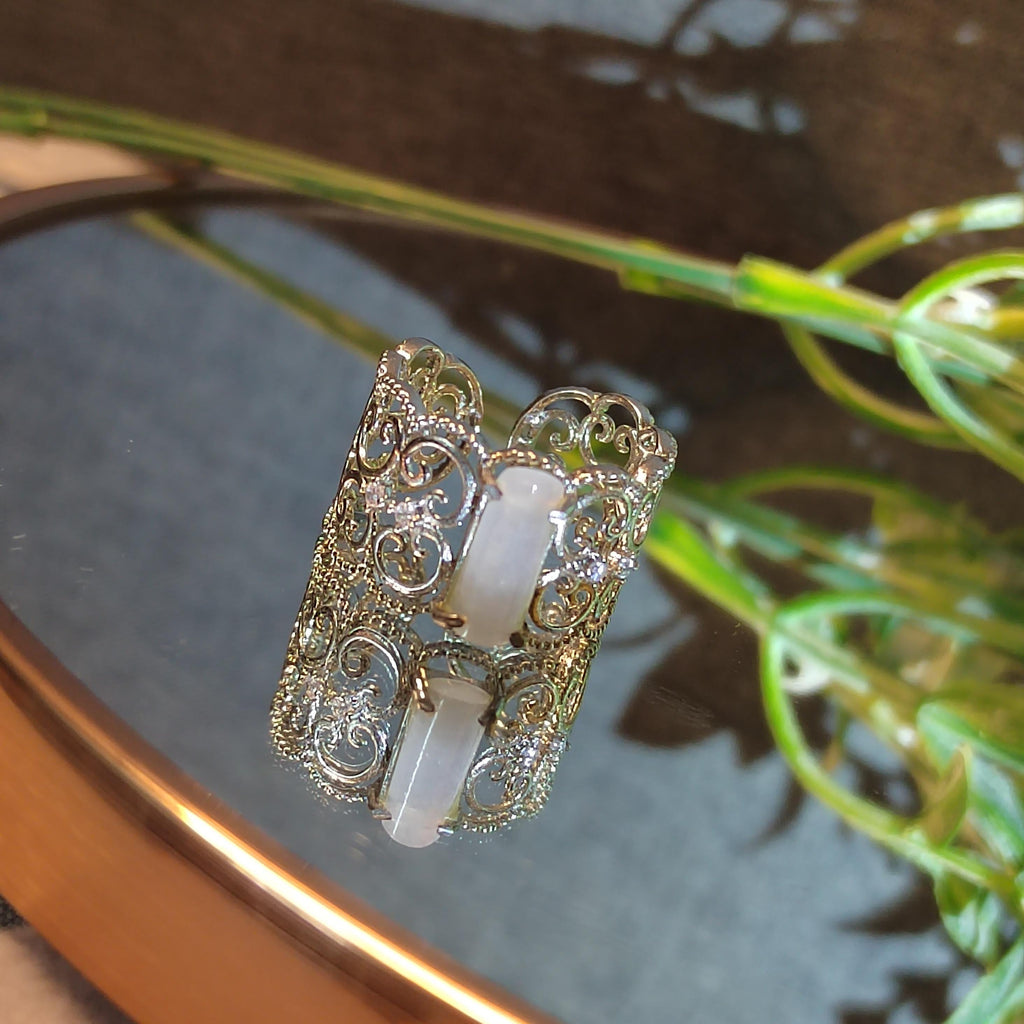 Certified Burmese Gemstone Elegant White Icy Lace Cylinders Design Natural Untreated Ring Jewelry for Special Occasion, Wedding, SL129 - SL Precious