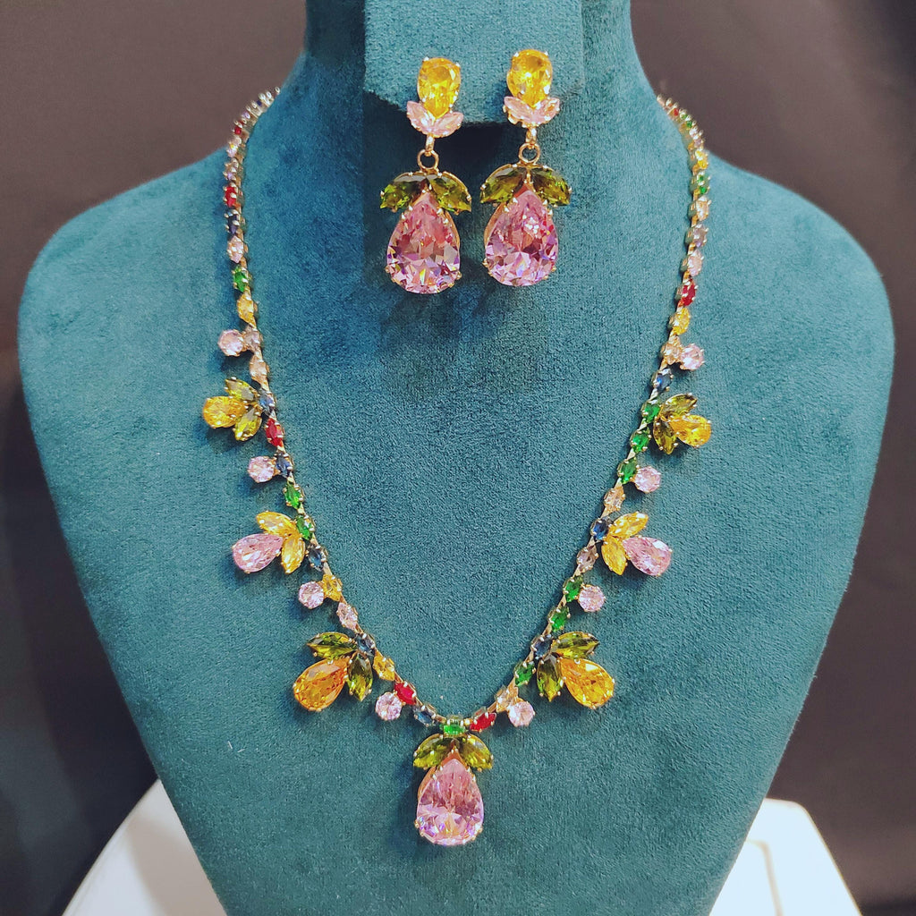 Zircon Flower Leaf Jewelry Set: Teardrop Necklace & Earrings SL153 - SL Precious