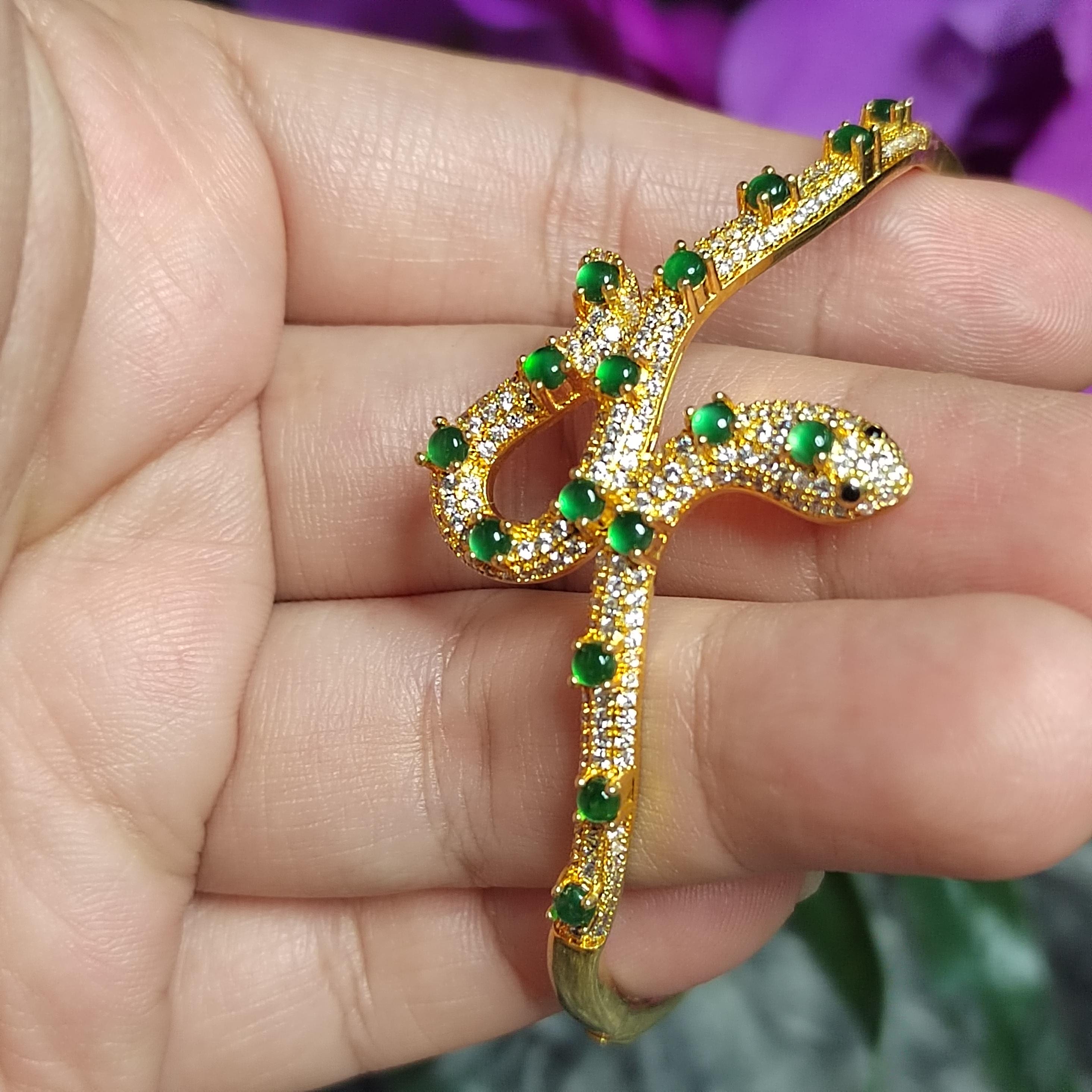 Luxury Snake Design S925 Silver Bangle | Imperial Green Jadeite | 18K Gold Plated SL065 - SL Precious