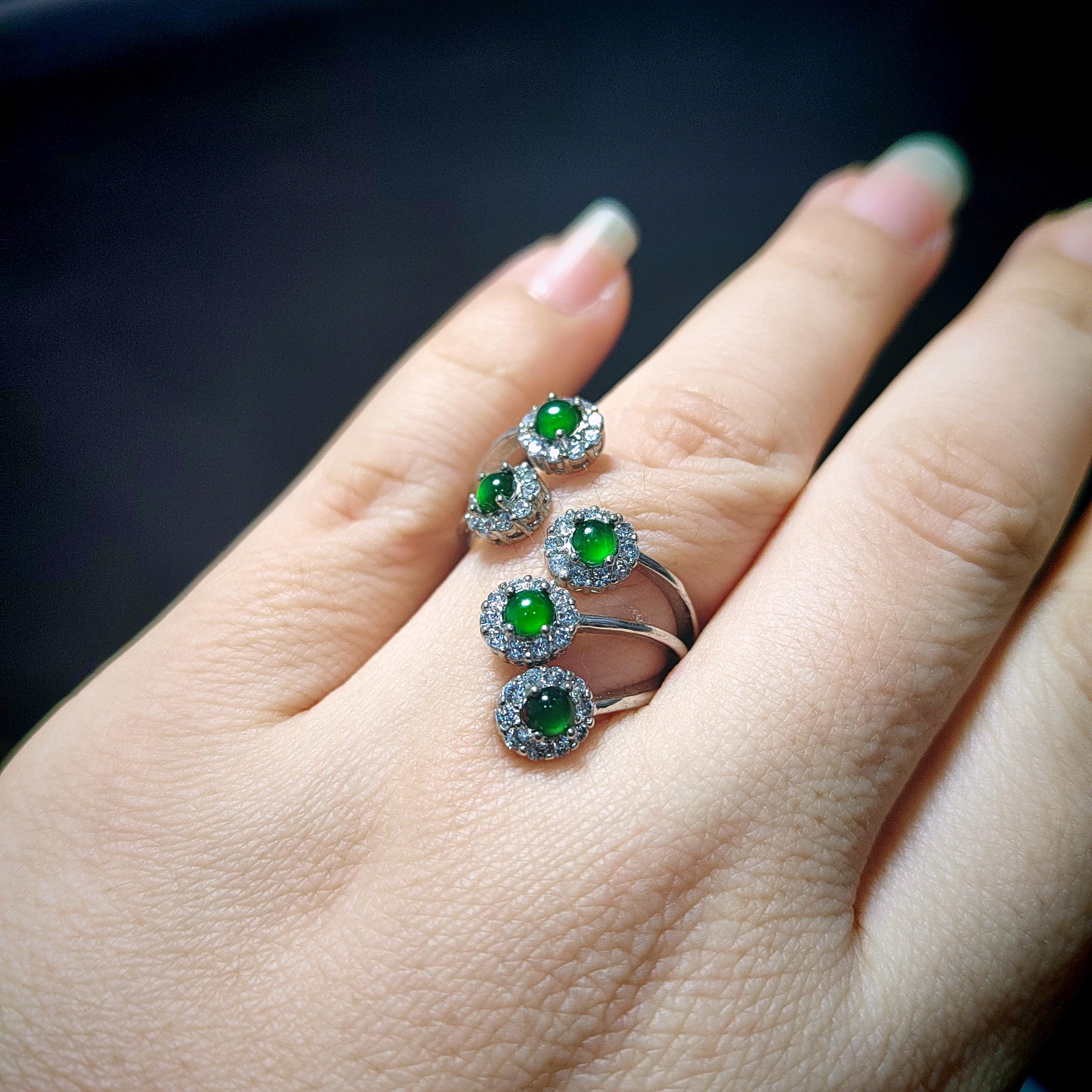 Certified Natural Untreated Guatemala Imperial Green 5pcs Flower Adjustable Design Zircon Set S925 Sterling Silver Jadeite Ring SL372