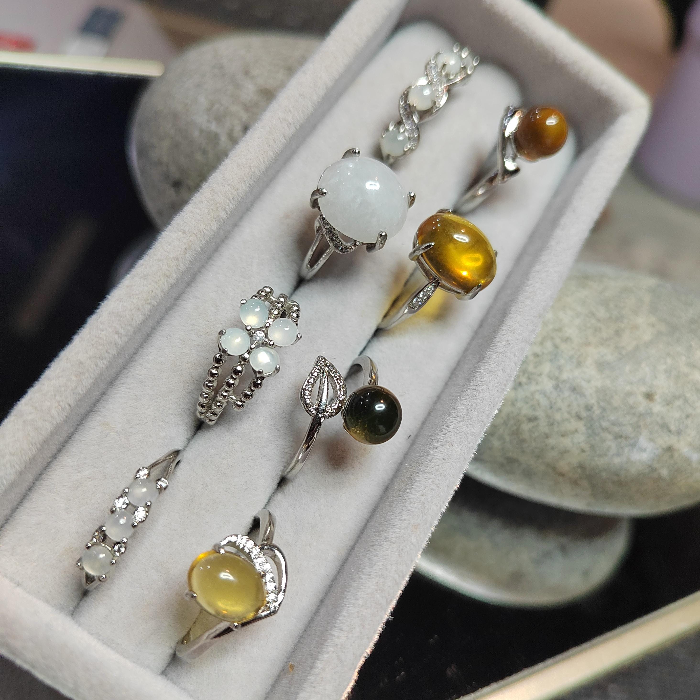 Burmese Blue Amber & Jadeite Ring Set: 18K Gold-Plated S925 Silver, Adjustable SL417