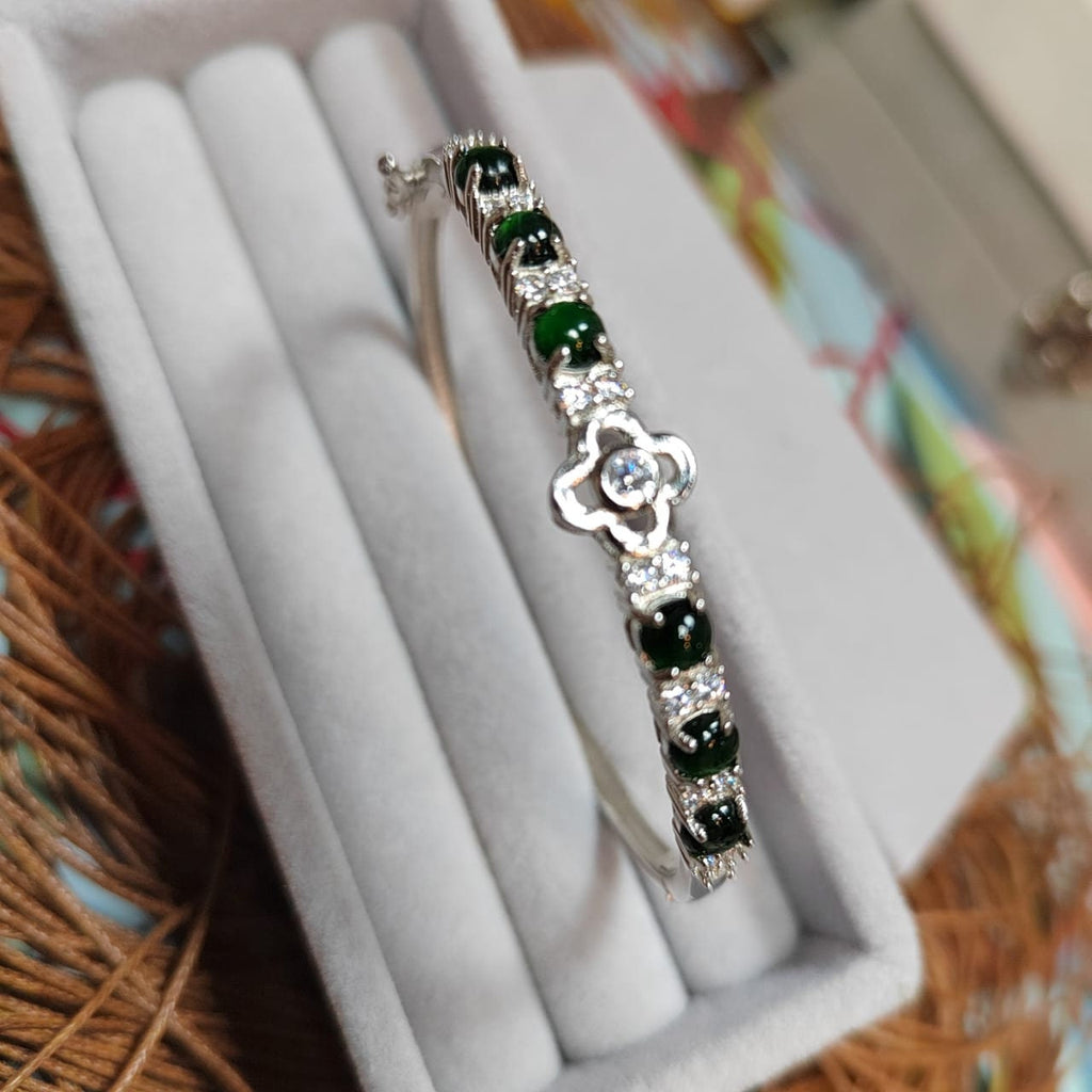 6 Spherical Dark Green Guatemala Jadeite & Zirconia Bangle | 925 Silver | Elegant Design SL037