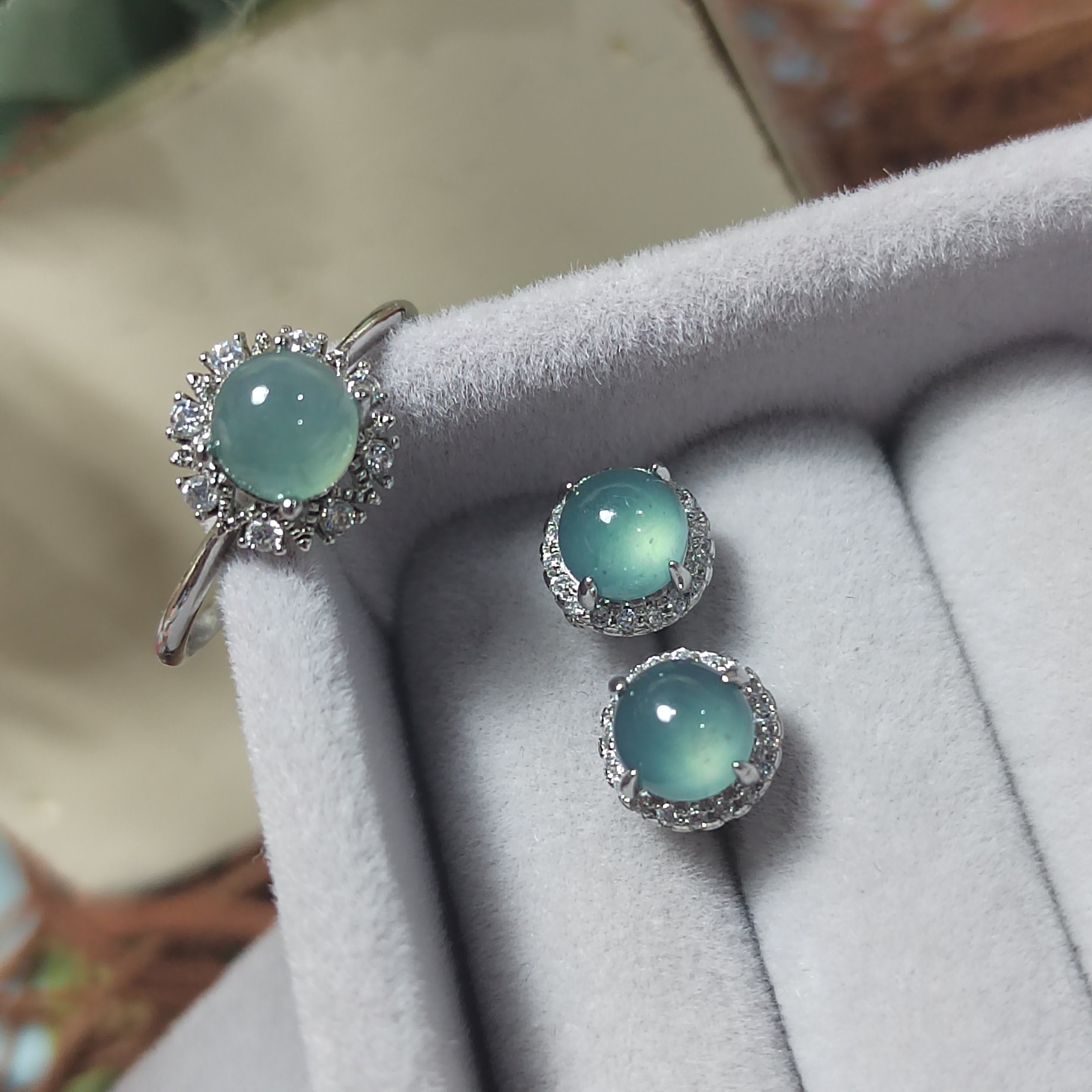 Round Ocean Blue 2pcs Set Earring & Ring Light Bump A Grade Natural Gemstone  Guatemala Jadeite For Her Minimalist SL075 - SL Precious