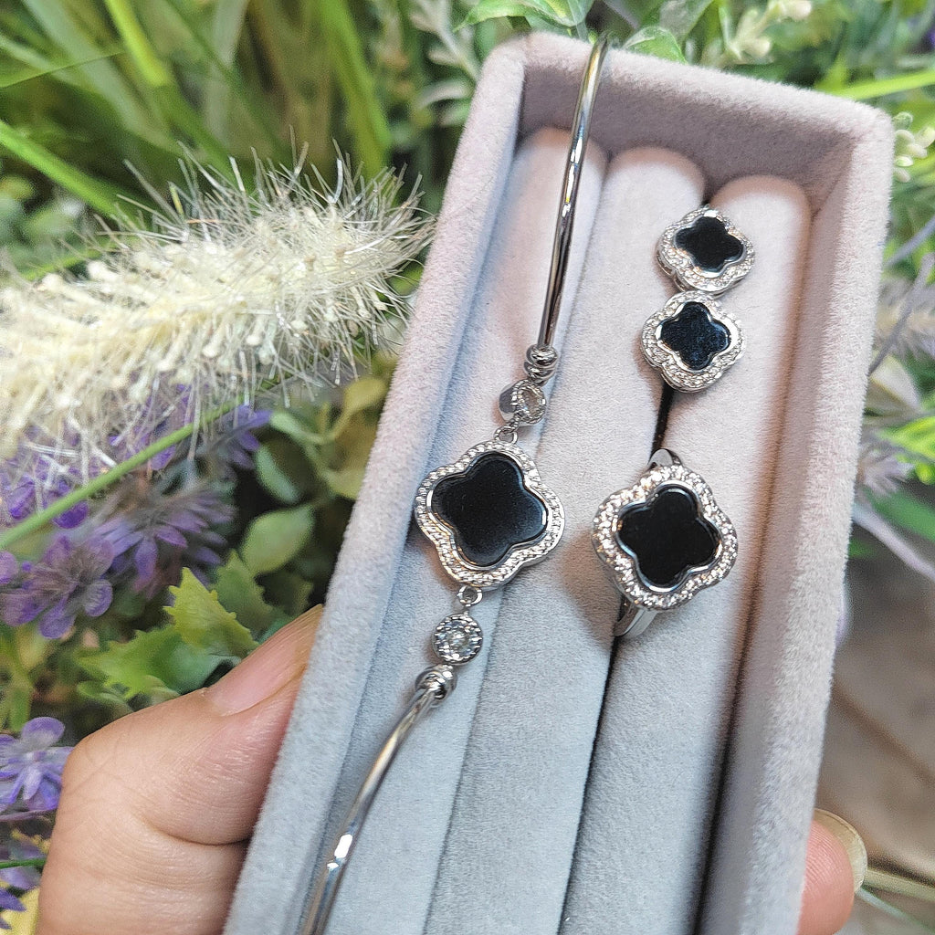 Burmese 3pcs Set Natural Gemstone Untreated Black Ink Jadeite Lucky Flower Ring, Earring, Bracelets/Bangle (2 Designs Available) SL160 SL161