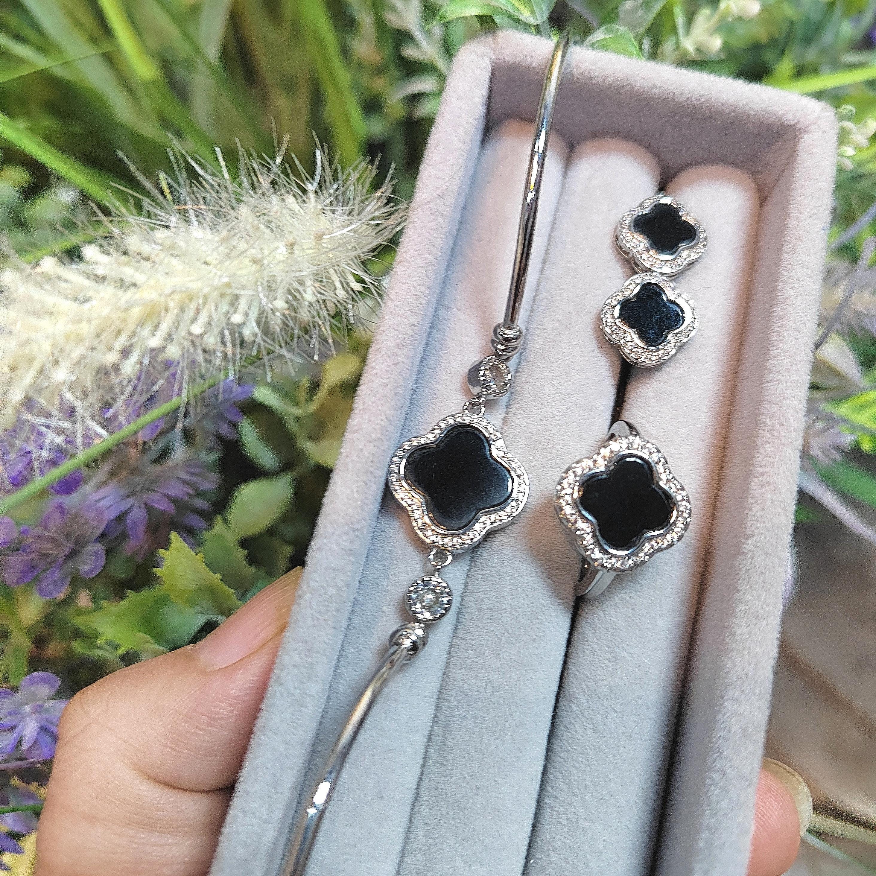 Burmese 3pcs Set Natural Gemstone Untreated Black Ink Jadeite Lucky Flower Ring, Earring, Bracelets/Bangle (2 Designs Available) SL160 SL161