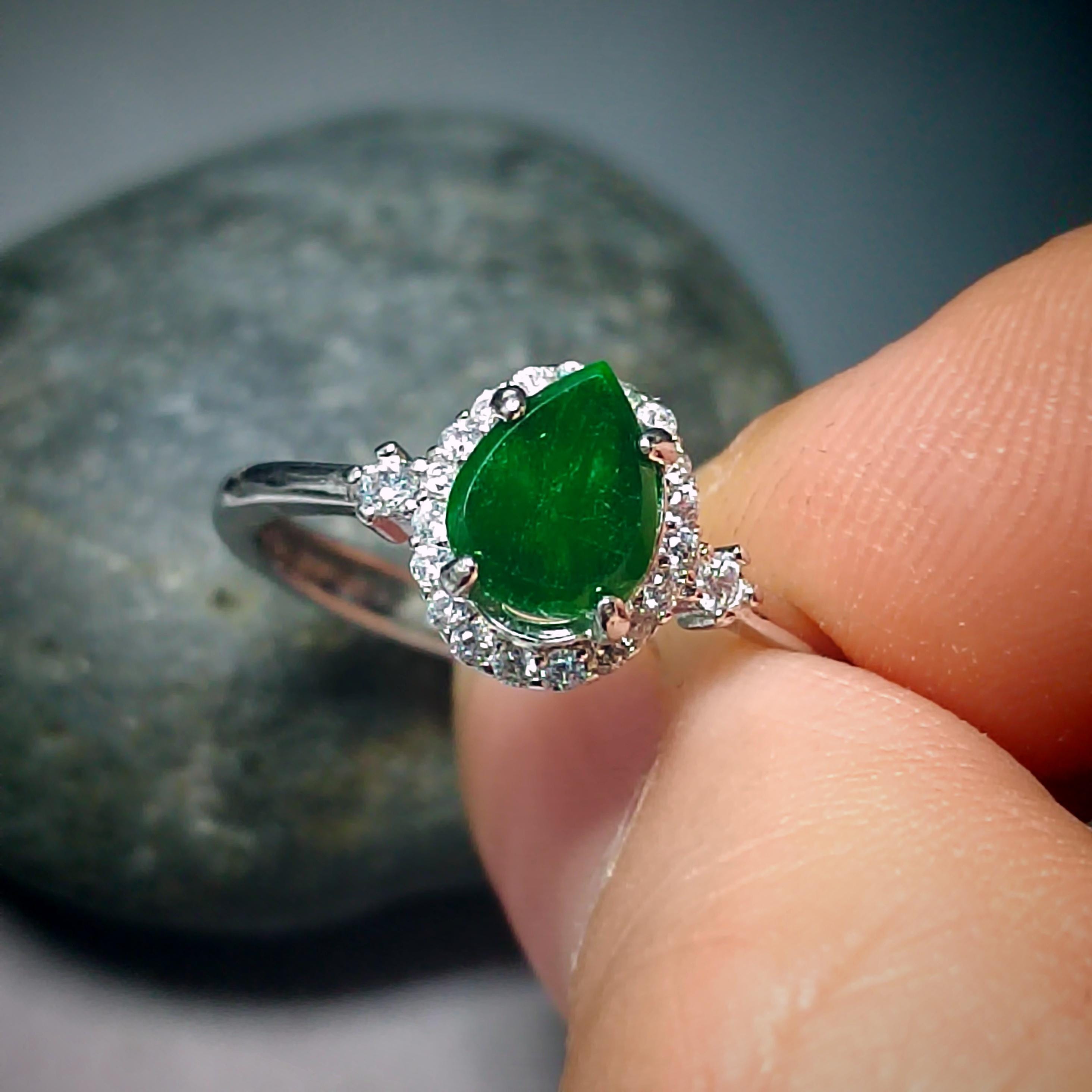 Certified A-Grade Natural Untreated Burmese Elegant Tear Drops Imperial Green With Zircon Set S925 Sterling Silver Jadeite Ring SL243X2 - SL Precious