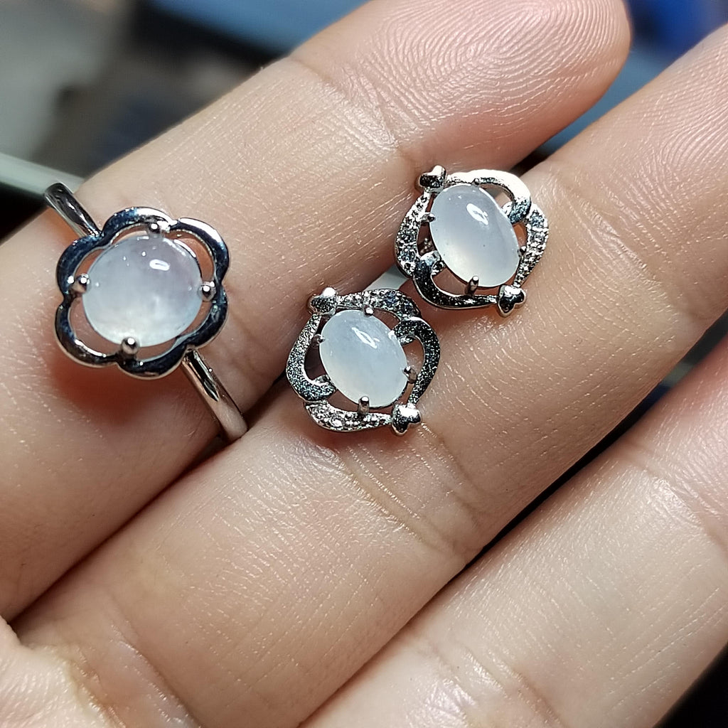 Minimalist Natural Burmese Icy White Jadeite Ring & Earrings | S925 Sterling Silver | Pure Type A Jade Set SL412 - SL Precious