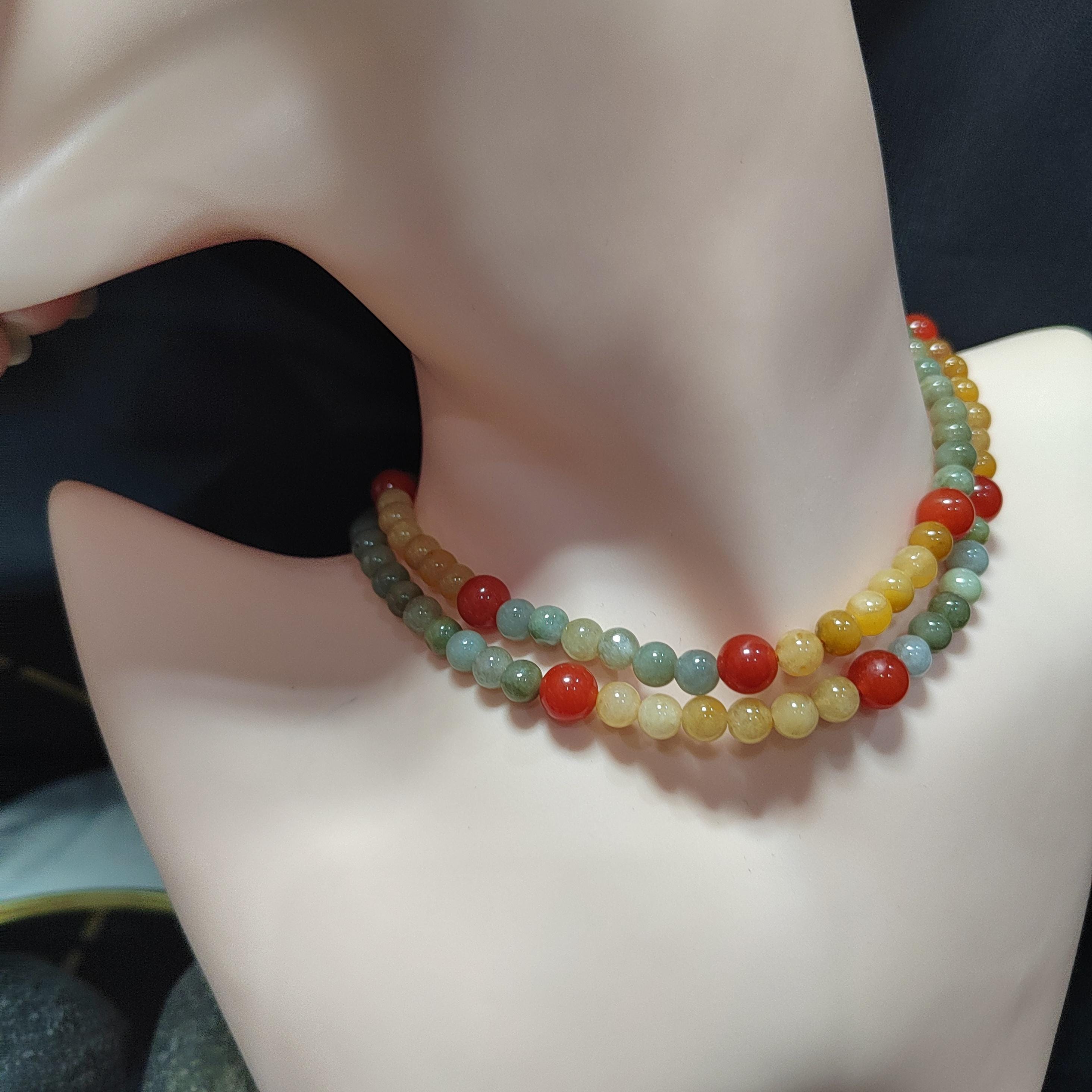 Natural Untreated Handmade Burmese Icy Yellow|Green Jadeite - Southern Yunna Baoshan Nanhong Cherry Red Bead Necklace SL363