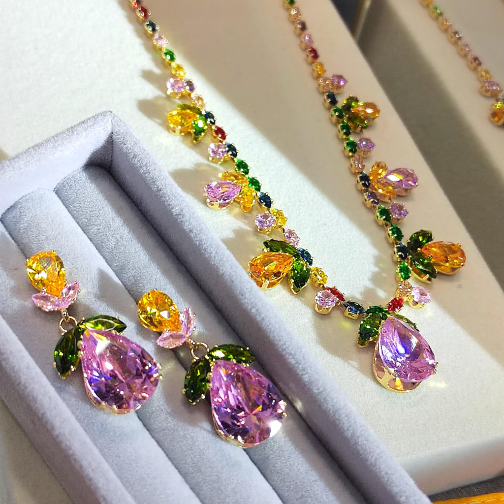 Zircon Flower Leaf Jewelry Set: Teardrop Necklace & Earrings SL153 - SL Precious