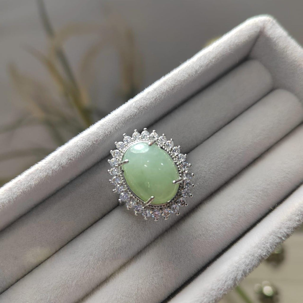 Burmese Gemstone Creamy Green Jadeite Ring | Zircon Accent | S925 Plated with 18K White Gold SL086