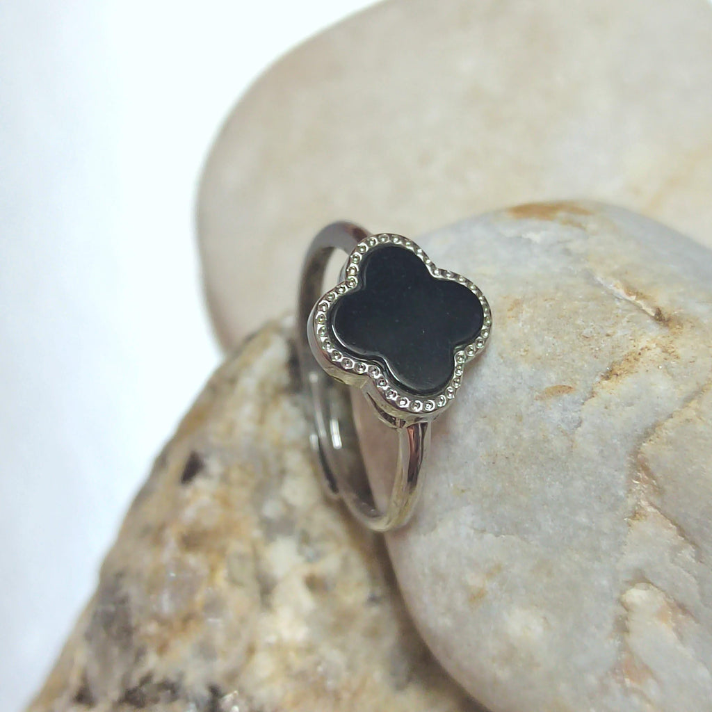 Certified Minimalist A-Grade Natural Untreated Burmese Black Ink Jadeite S925 Sterling Silver Lucky Flower Ring For Her SL255X14 - SL Precious