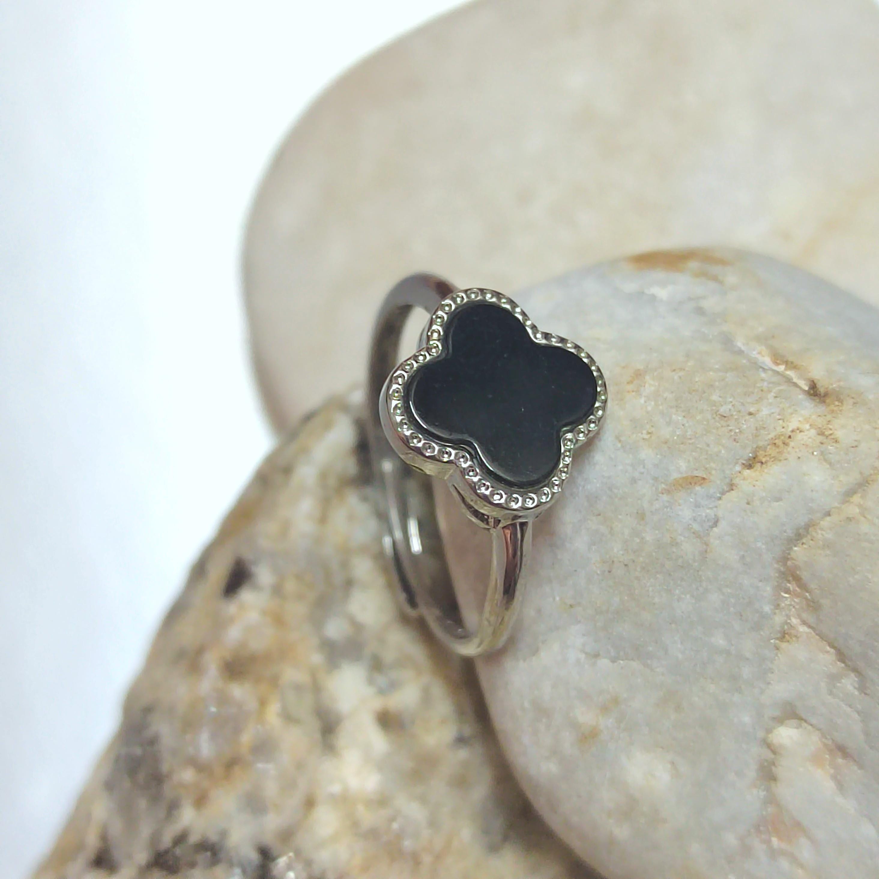 Certified Minimalist A-Grade Natural Untreated Burmese Black Ink Jadeite S925 Sterling Silver Lucky Flower Ring For Her SL255X14 - SL Precious