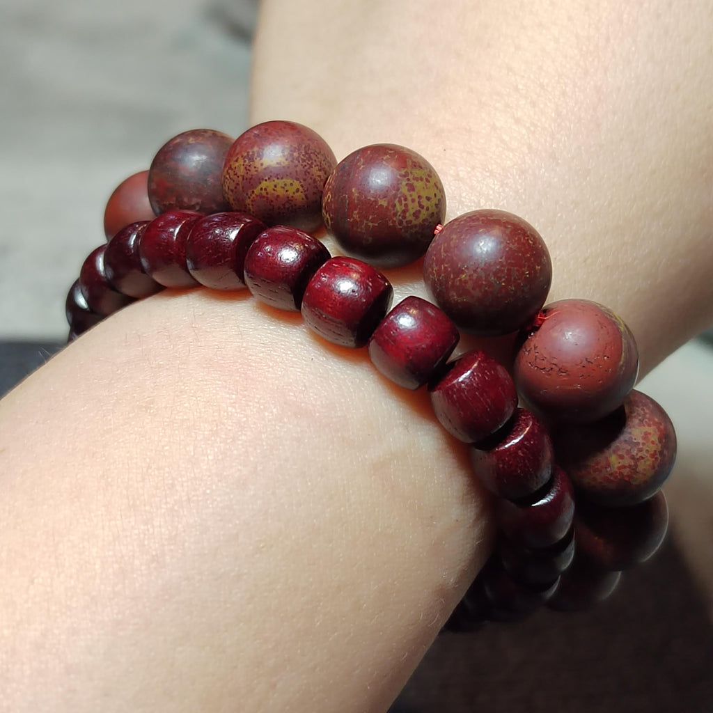 Blood Sandalwood & Certified Wujia Red Agate 2-Piece Bracelet Set | 12.4mm Beads  45.85g With Certificate | SL413