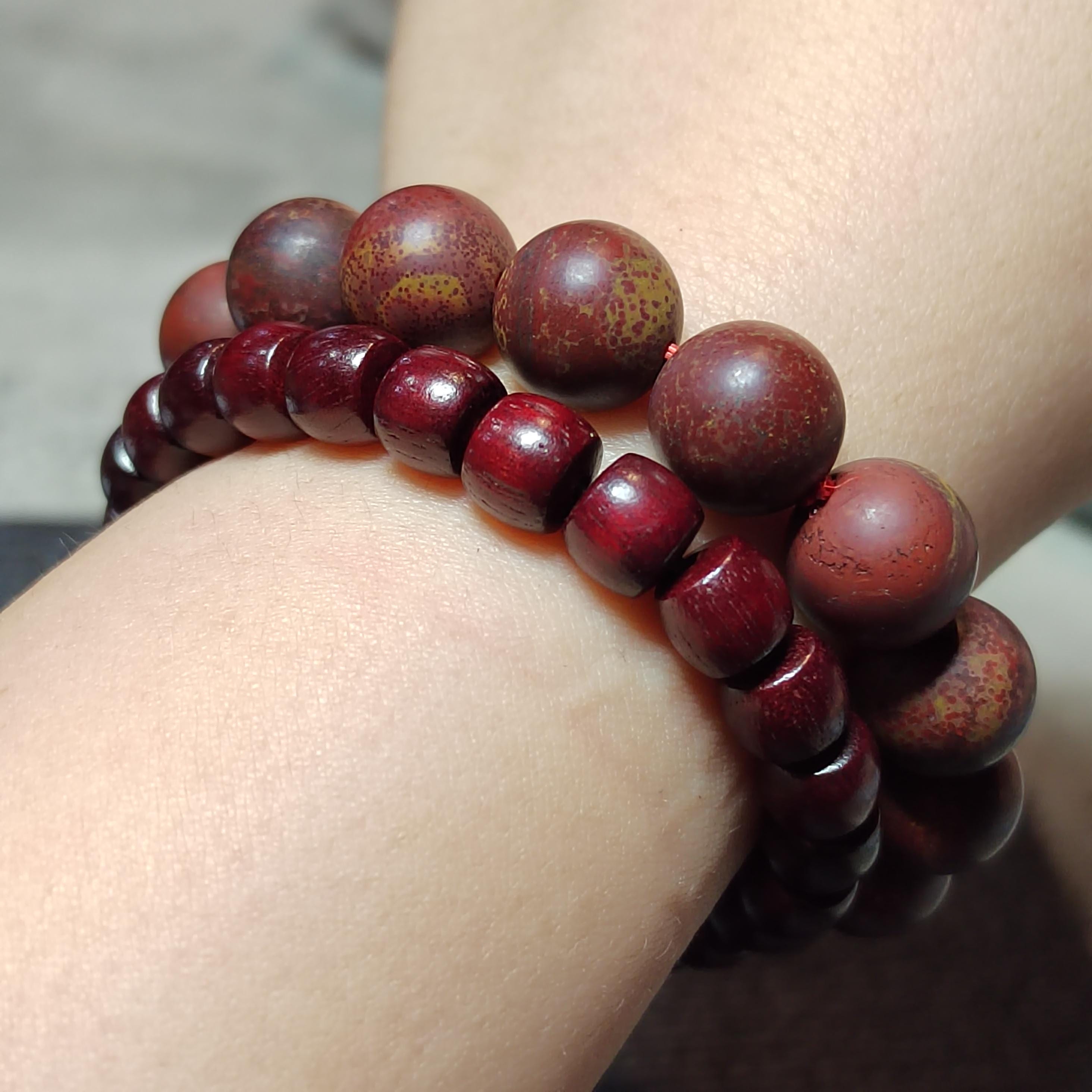 Blood Sandalwood & Certified Wujia Red Agate 2-Piece Bracelet Set | 12.4mm Beads  45.85g With Certificate | SL413